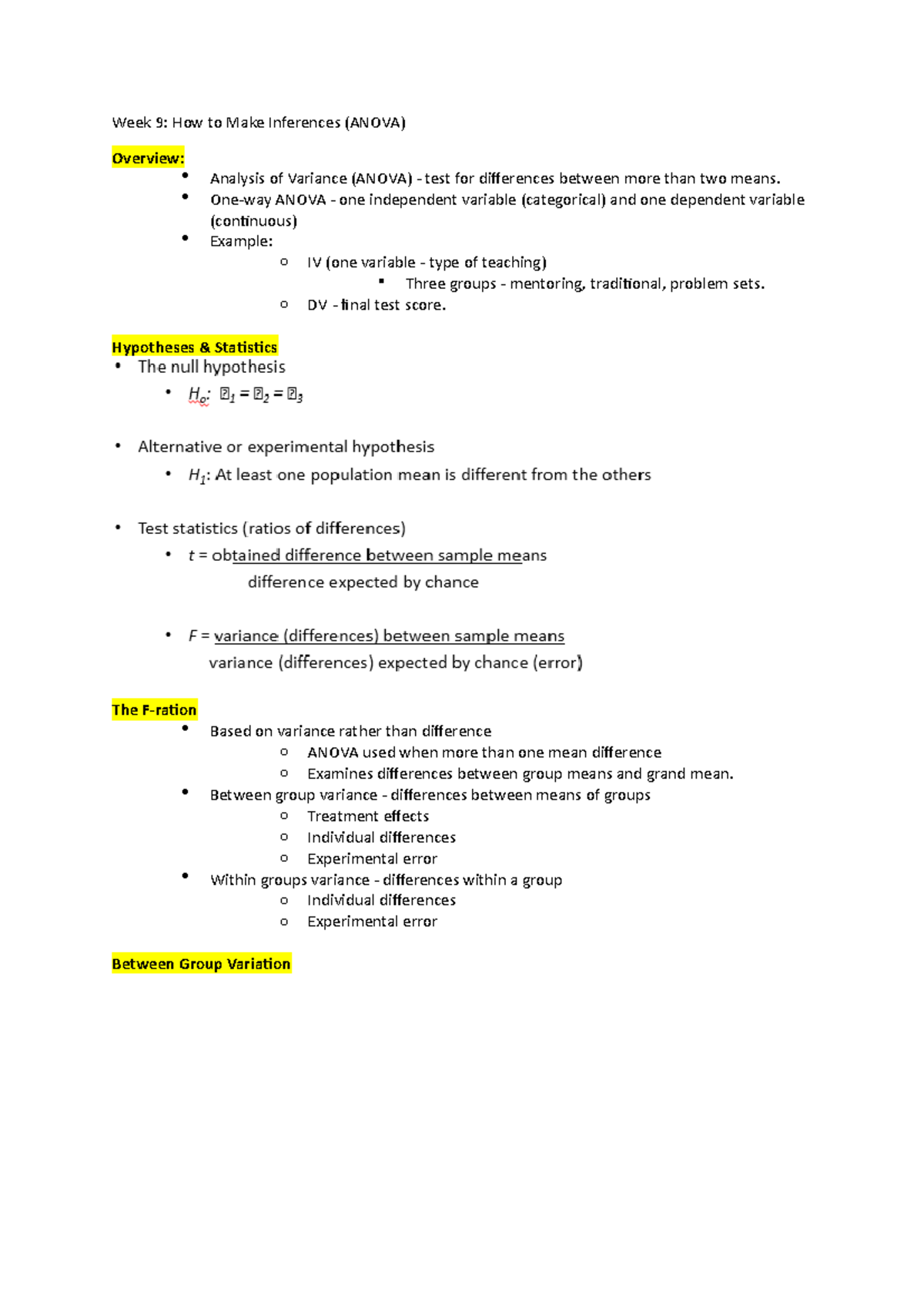 Week 9 - Lecture notes 9 - Week 9: How to Make Inferences (ANOVA ...