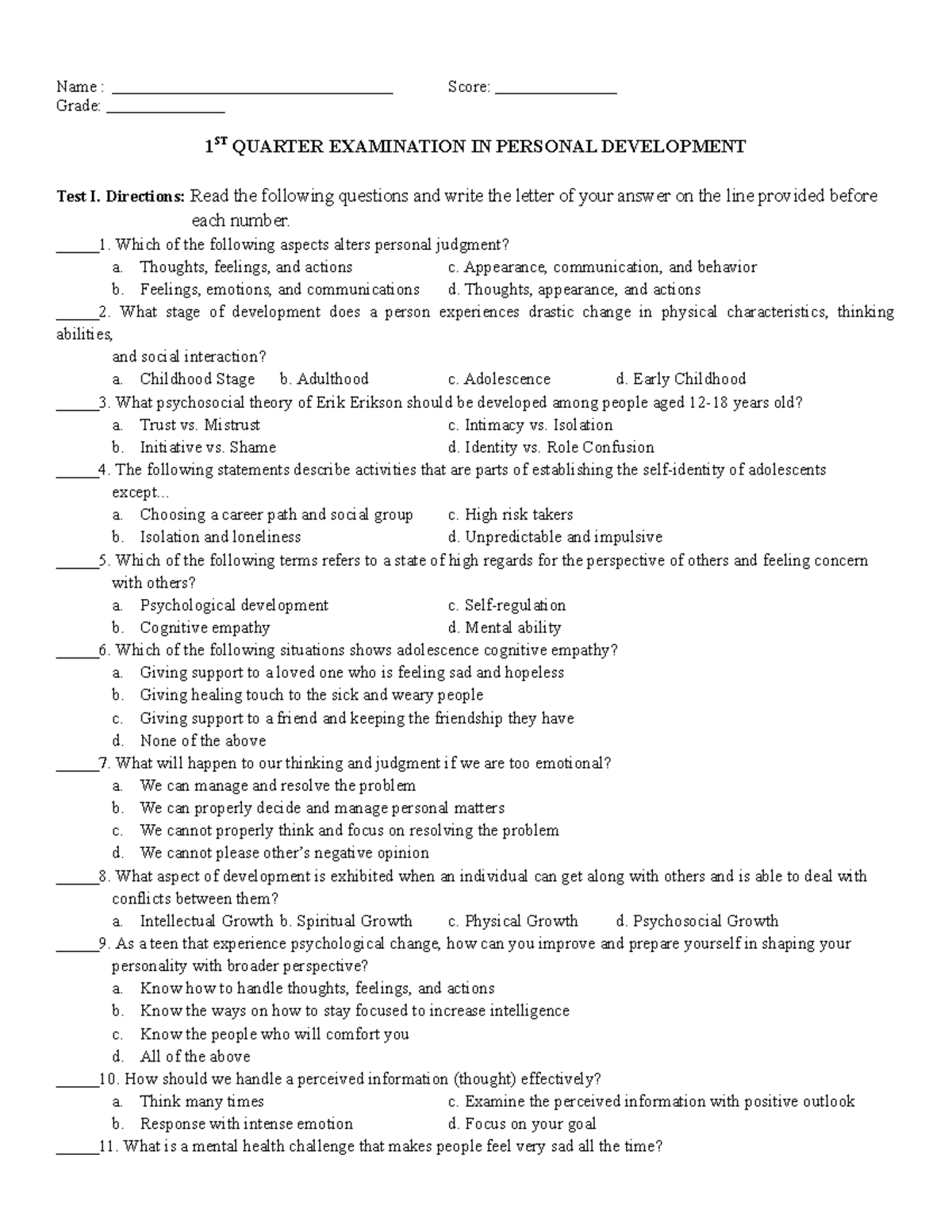 PER DEV (1ST) - PERDEV - Name : Score: Grade: 1 ST QUARTER EXAMINATION ...