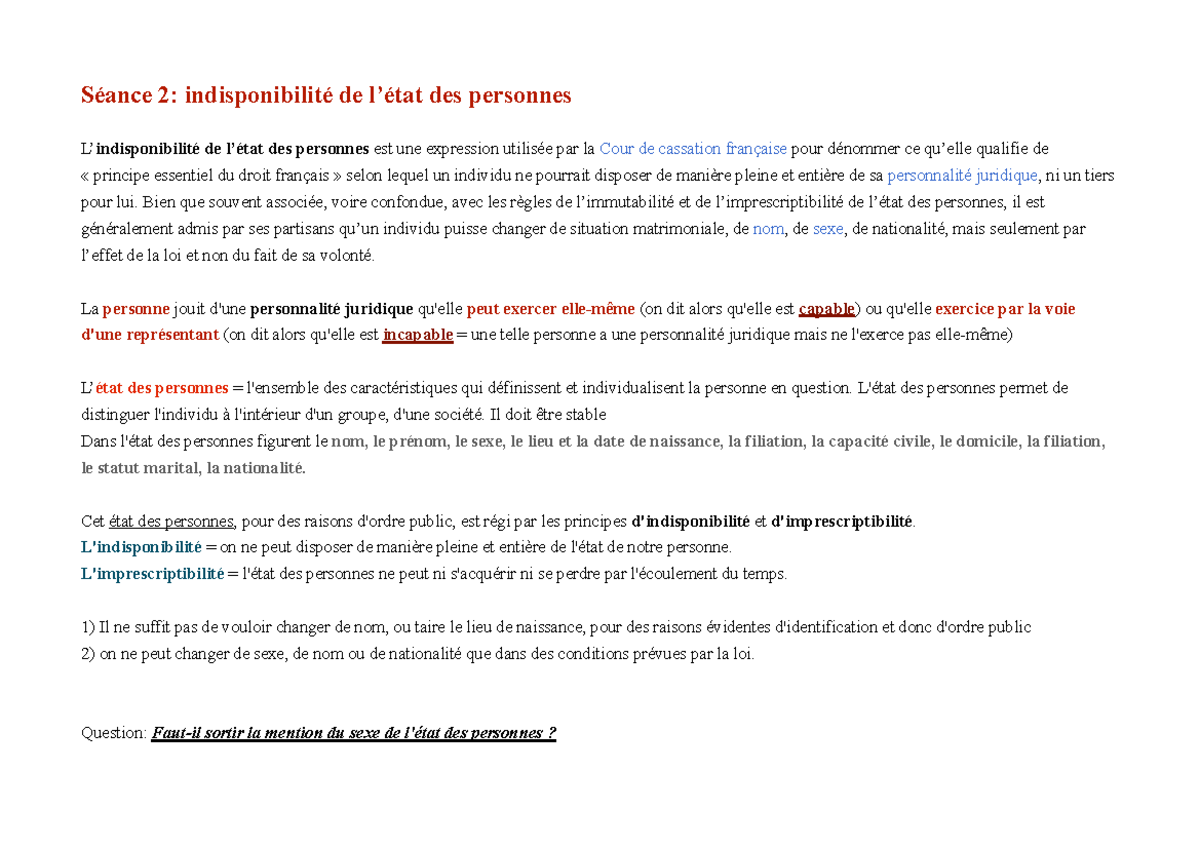 Principe D'indisponibilité De L'état Des Personnes