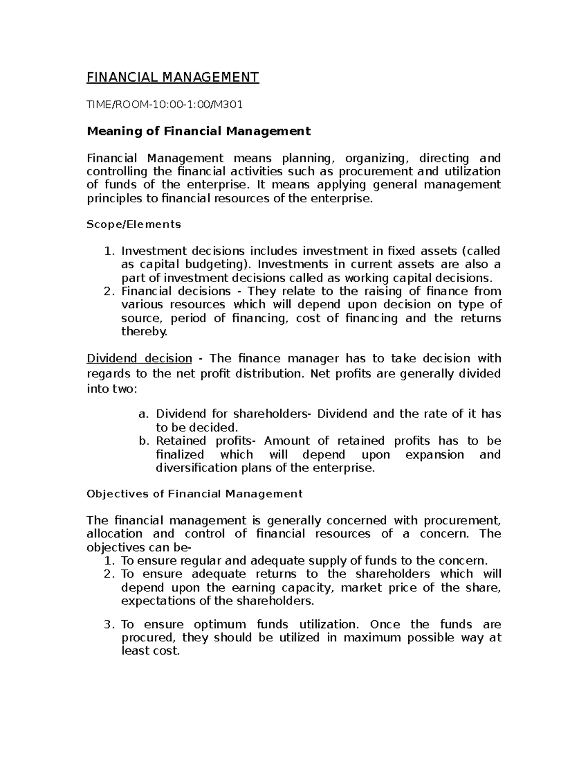 Financial Management - FINANCIAL MANAGEMENT TIME/ROOM-10:00-1:00/M ...