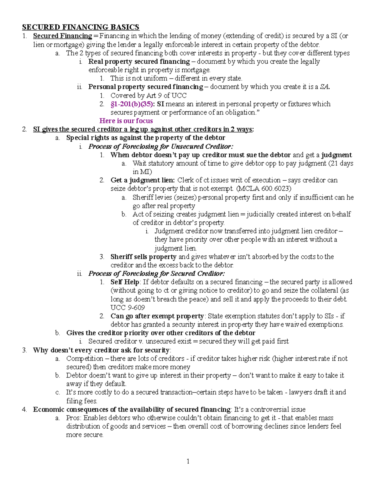 Secured Transaction Outline - SECURED FINANCING BASICS Secured ...