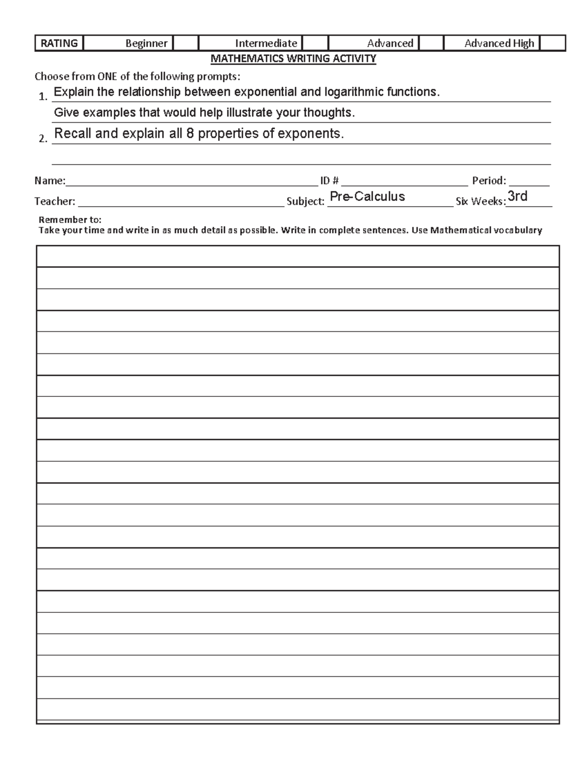 Mathematics writing activity - pre-cal 3rd 6 weeks - RATING Beginner ...