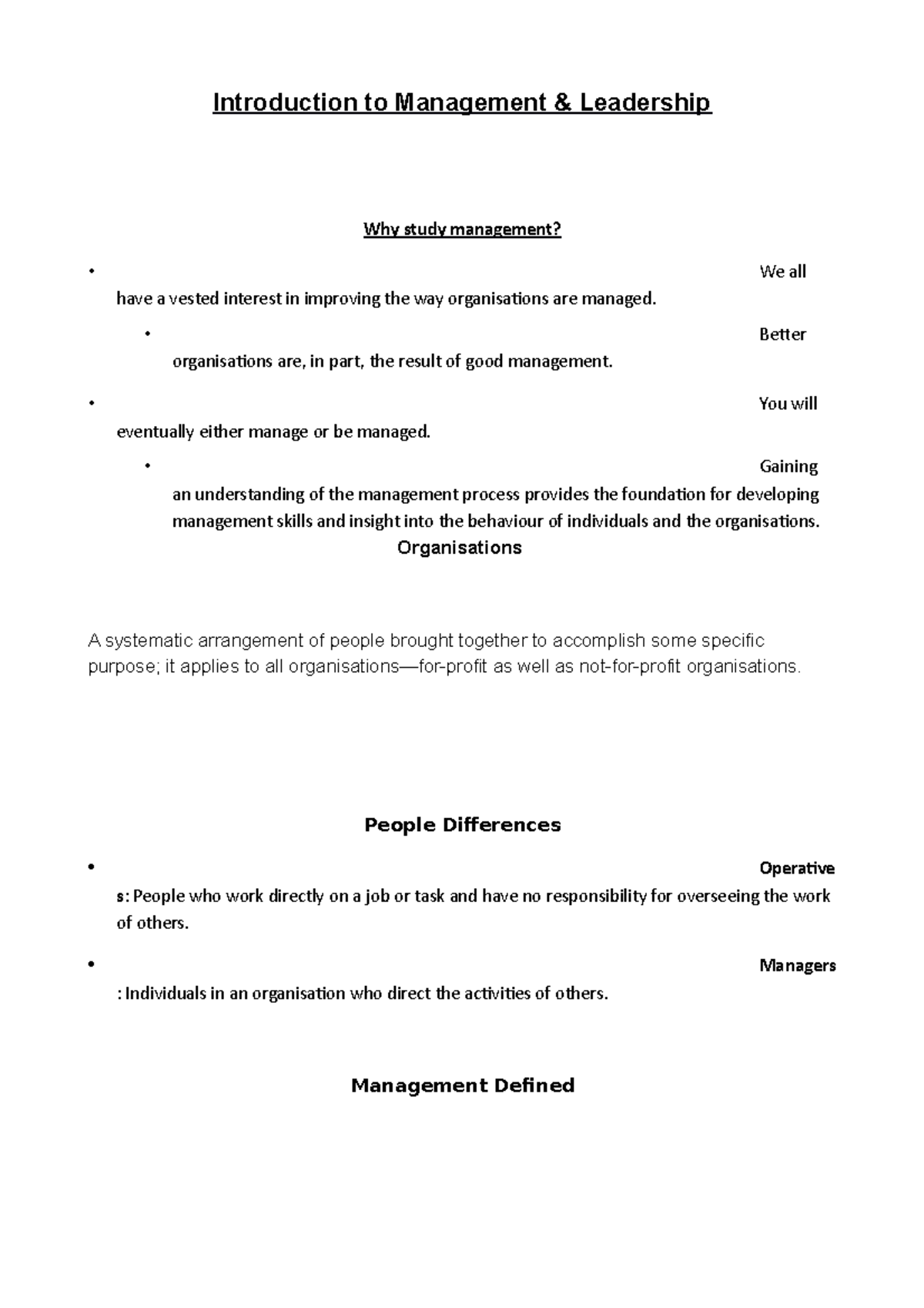 Introduction To Management & Leadership - Introduction To Management 