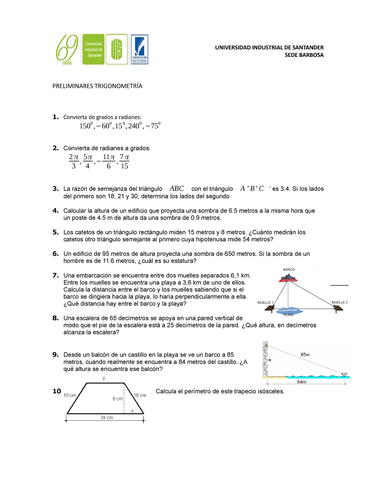 Primer Tallere Trigonometria Universidad Industrial De Santander Sede Barbosa Preliminares Studocu