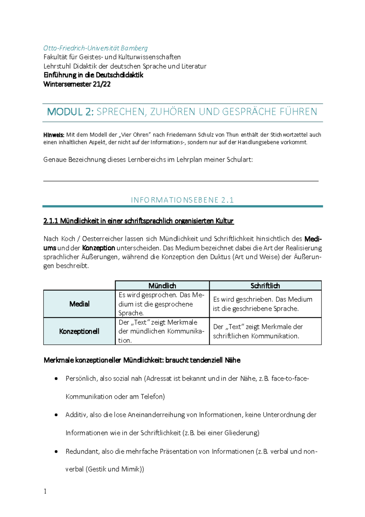 Stichwortzettel Modul 2 Mündlichkeit Wi Se 21 22 - Otto-Friedrich ...