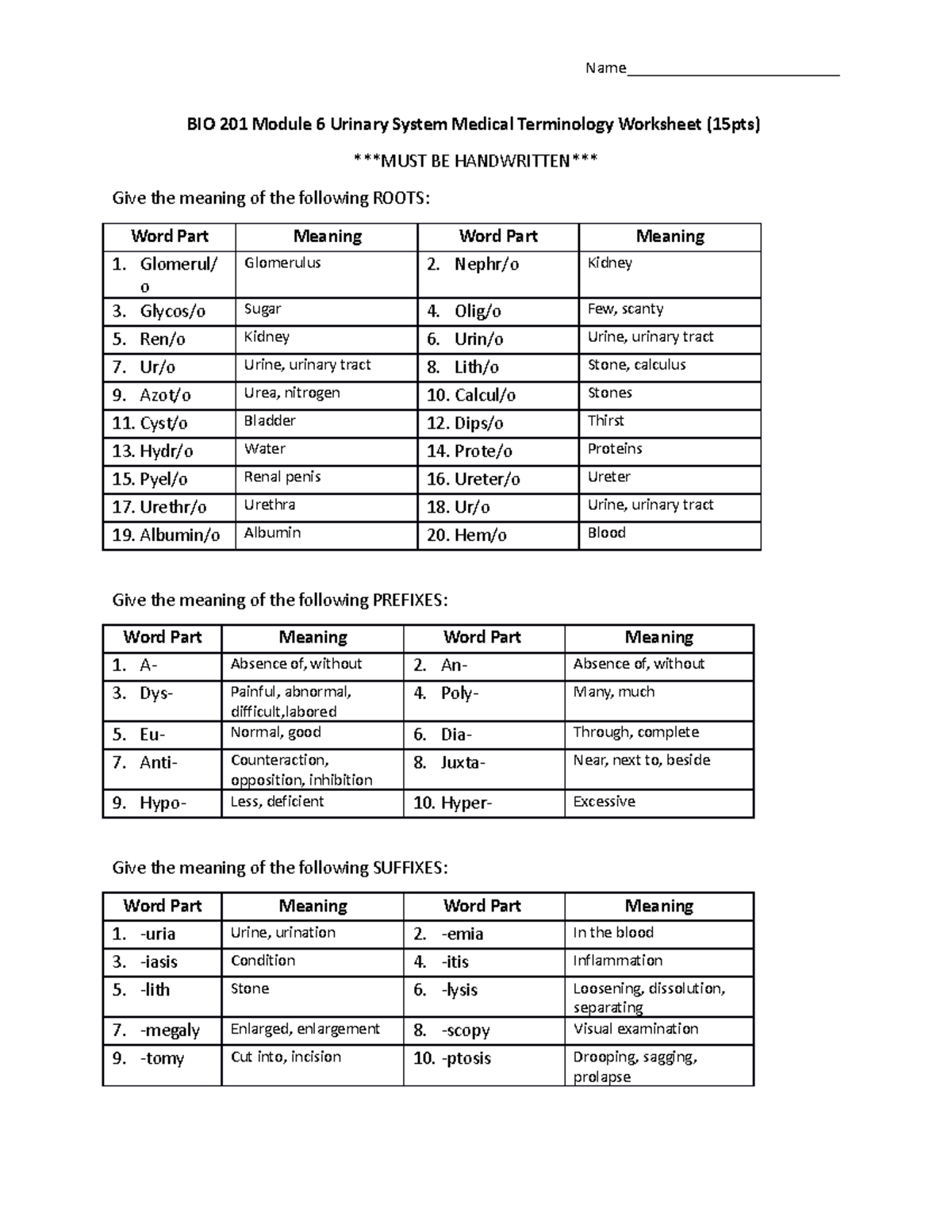 BIO 201 Module 6 Urinary Medical Terminology Worksheet - Name ...