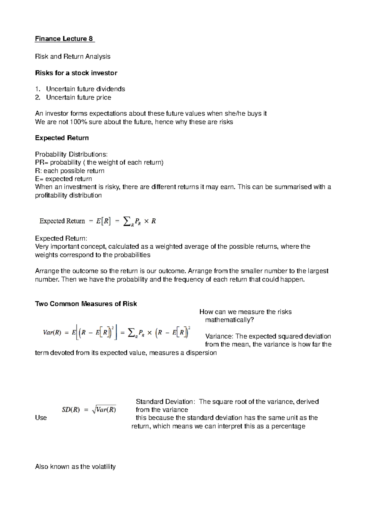 Lecture notes - Risk and Return Analysis - Principles of Finance ...