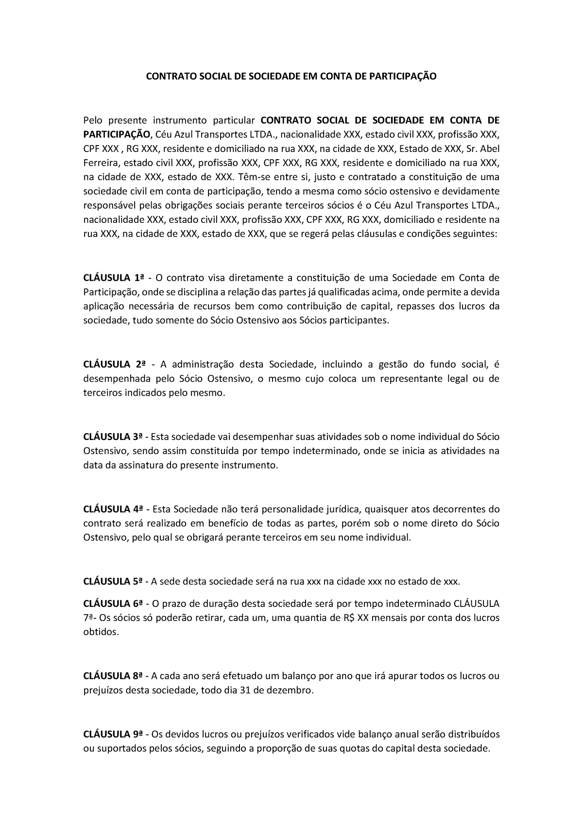 PeÇa 01 Contrato Social De Sociedade Em Conta De Participação Contrato Social De Sociedade 7247