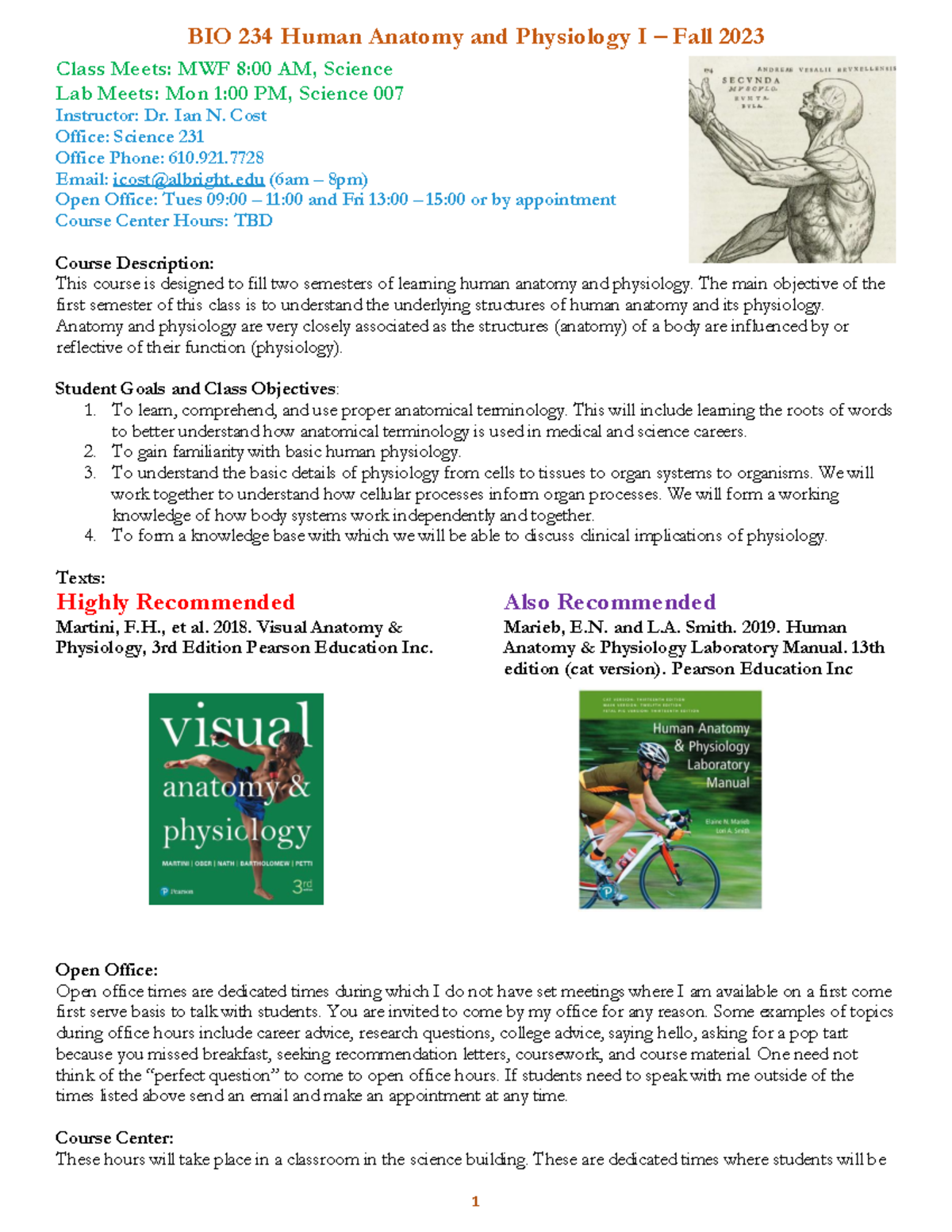 BIO234 Cost Fall 2022 - slides - Class Meets: MWF 8:00 AM, Science Lab ...