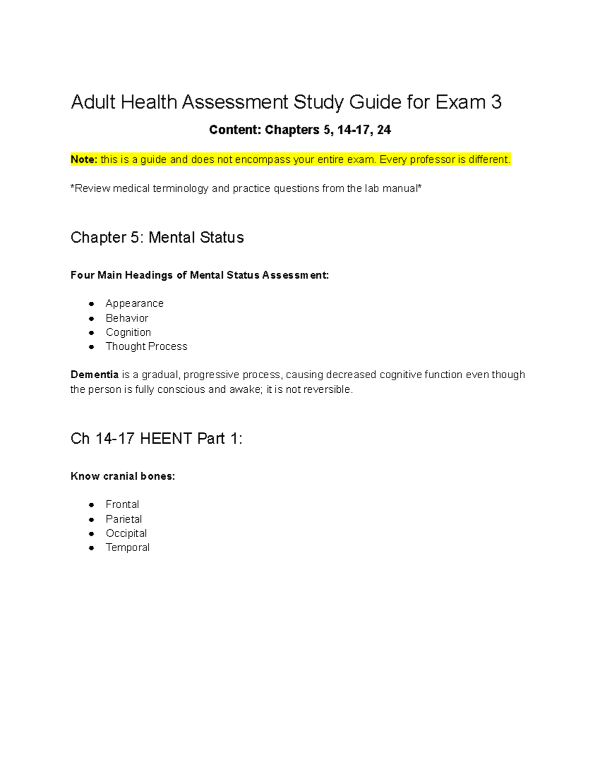 AHA Study Guide for Exam 3 - Adult Health Assessment Study Guide for ...
