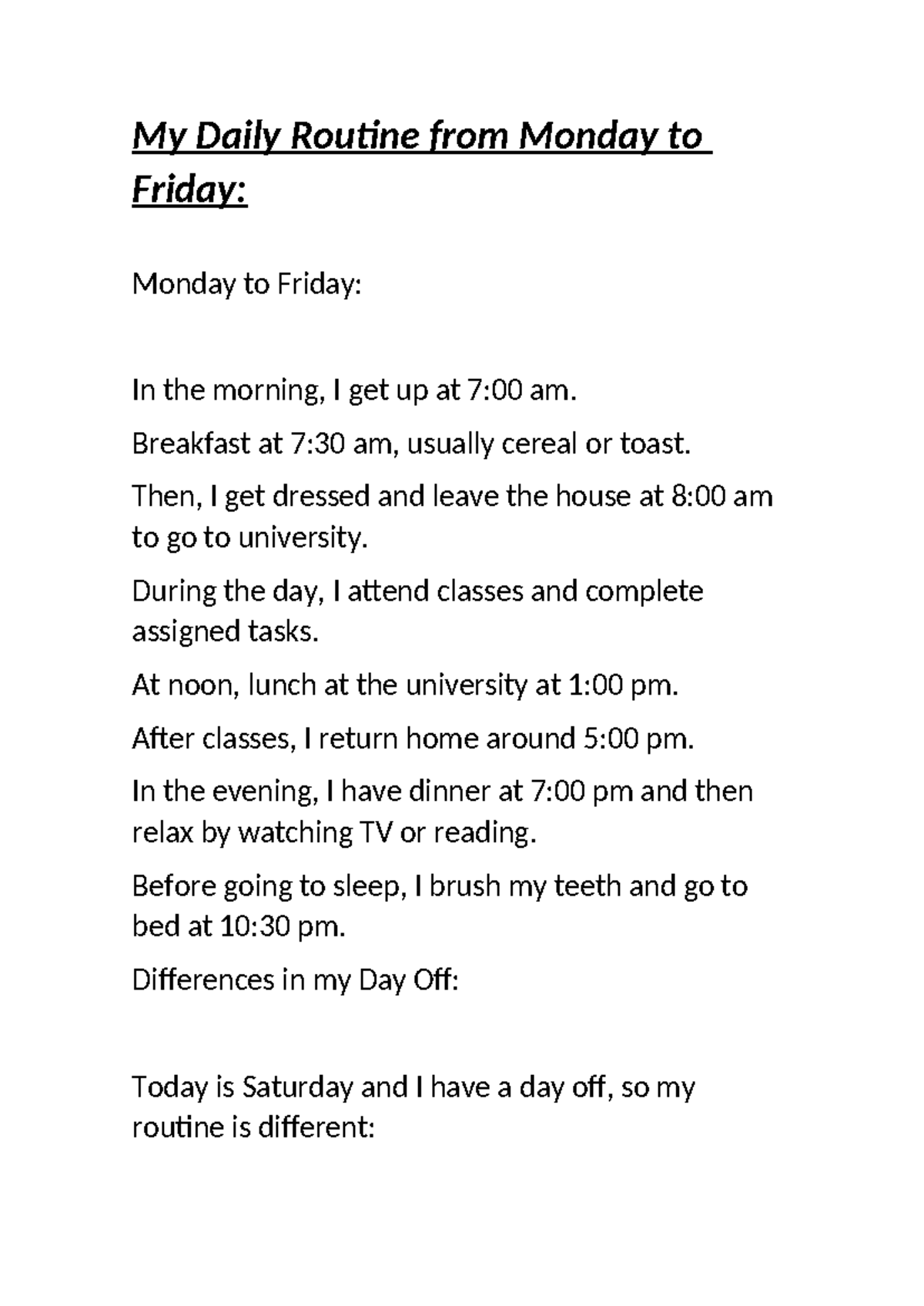 WEEK 4 - tareas de ingles - My Daily Routine from Monday to Friday ...