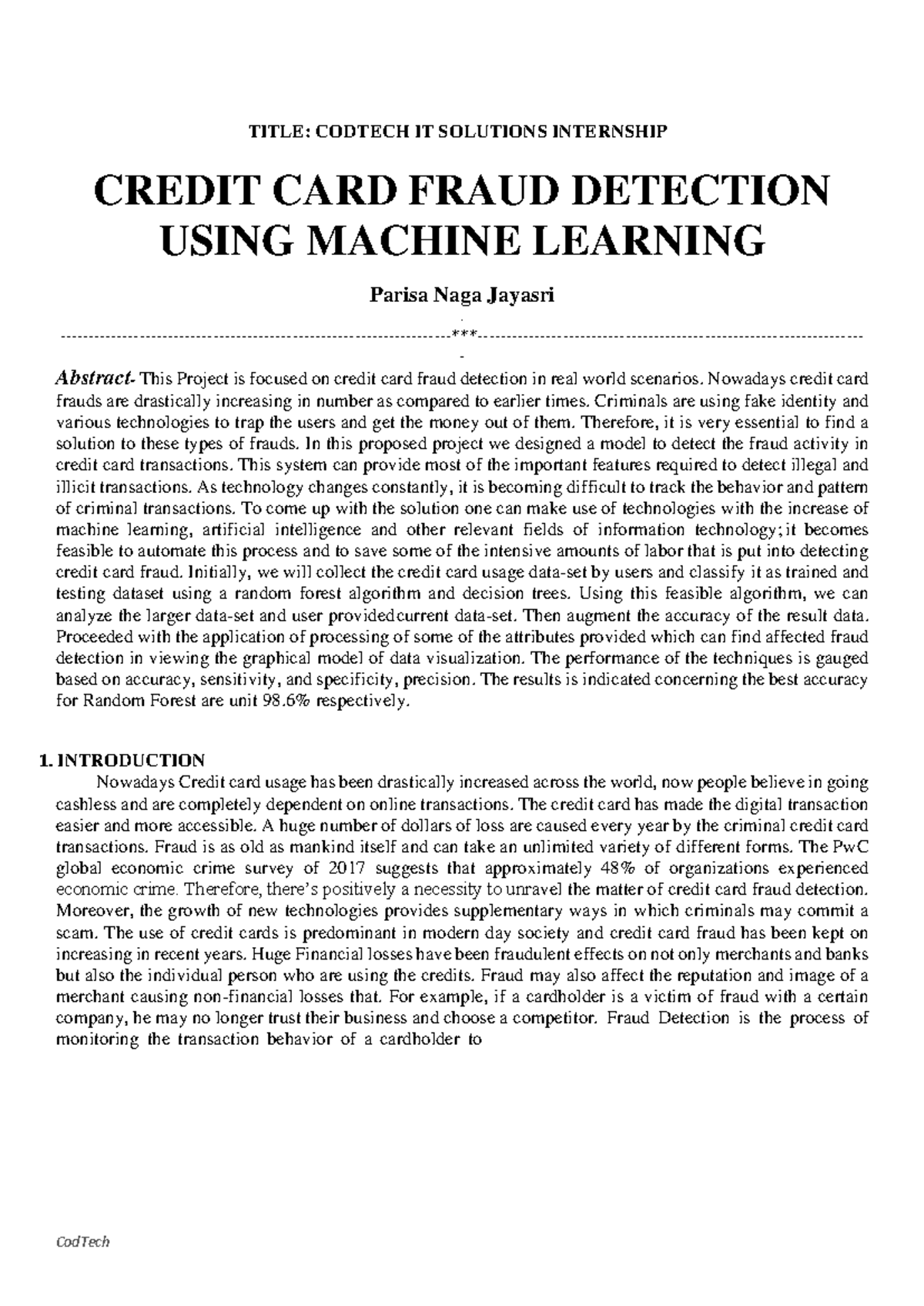 Credit card detection using machine learning - TITLE: CODTECH IT ...