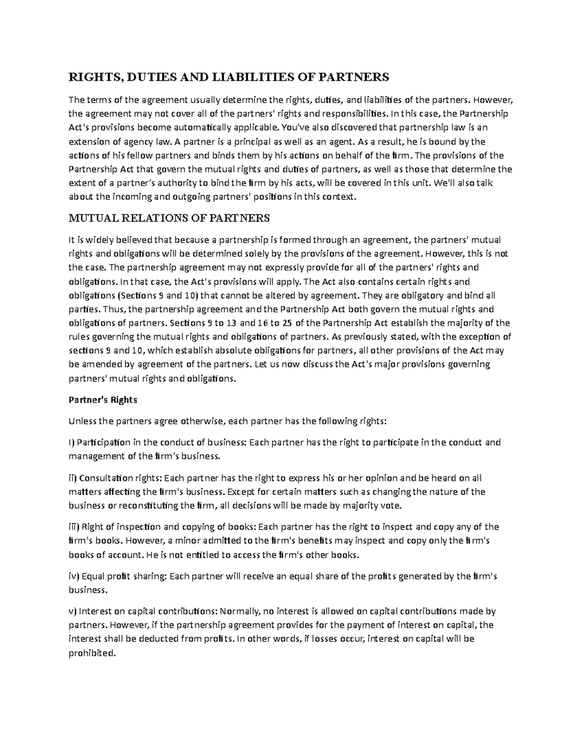 RIGHTS, DUTIES AND LIABILITIES OF PARTNERS - However, the agreement may ...