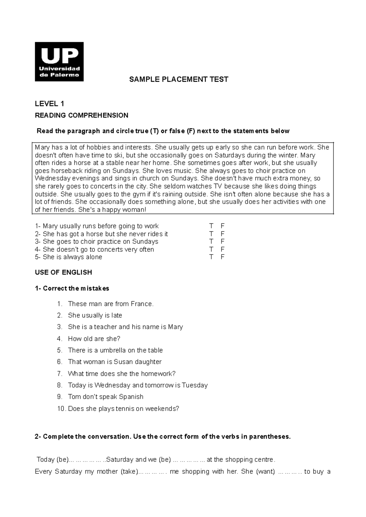 Sample Placement TEST - nivelación examen ingles - SAMPLE PLACEMENT ...