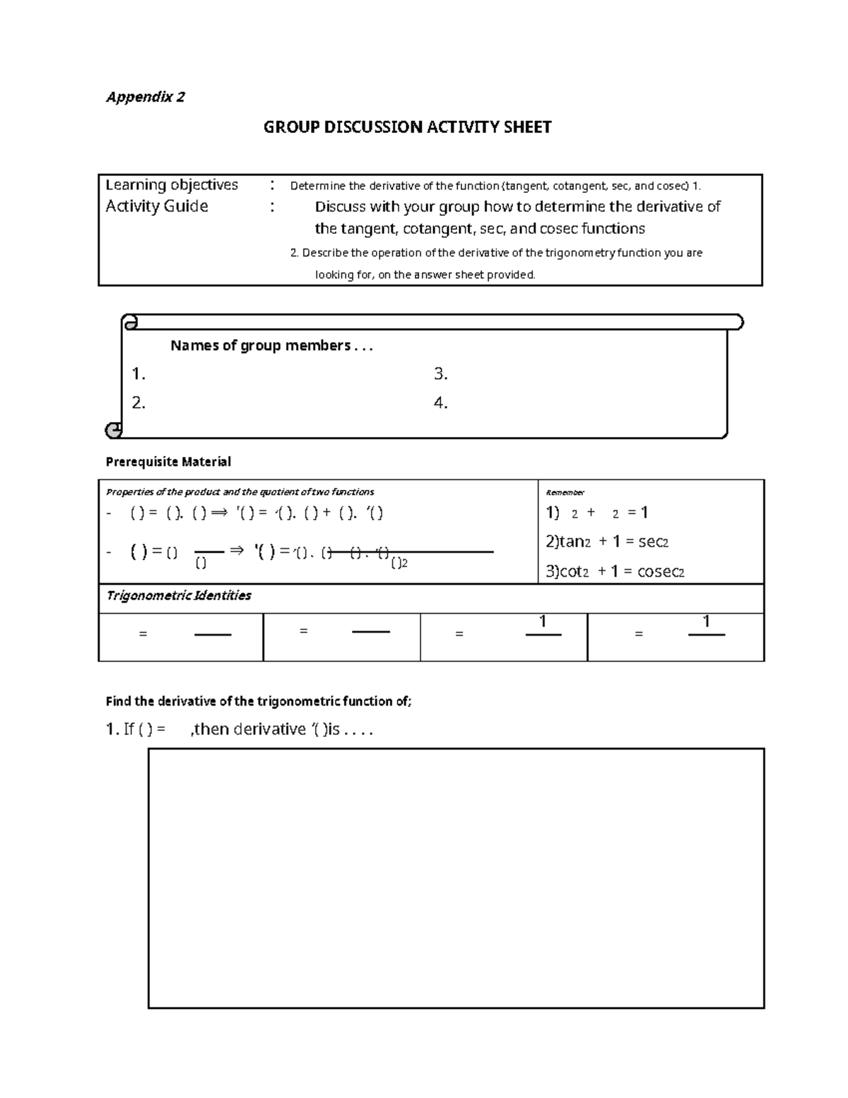 04 Derivatives of Trigonometry - Appendix 2 GROUP DISCUSSION ACTIVITY ...