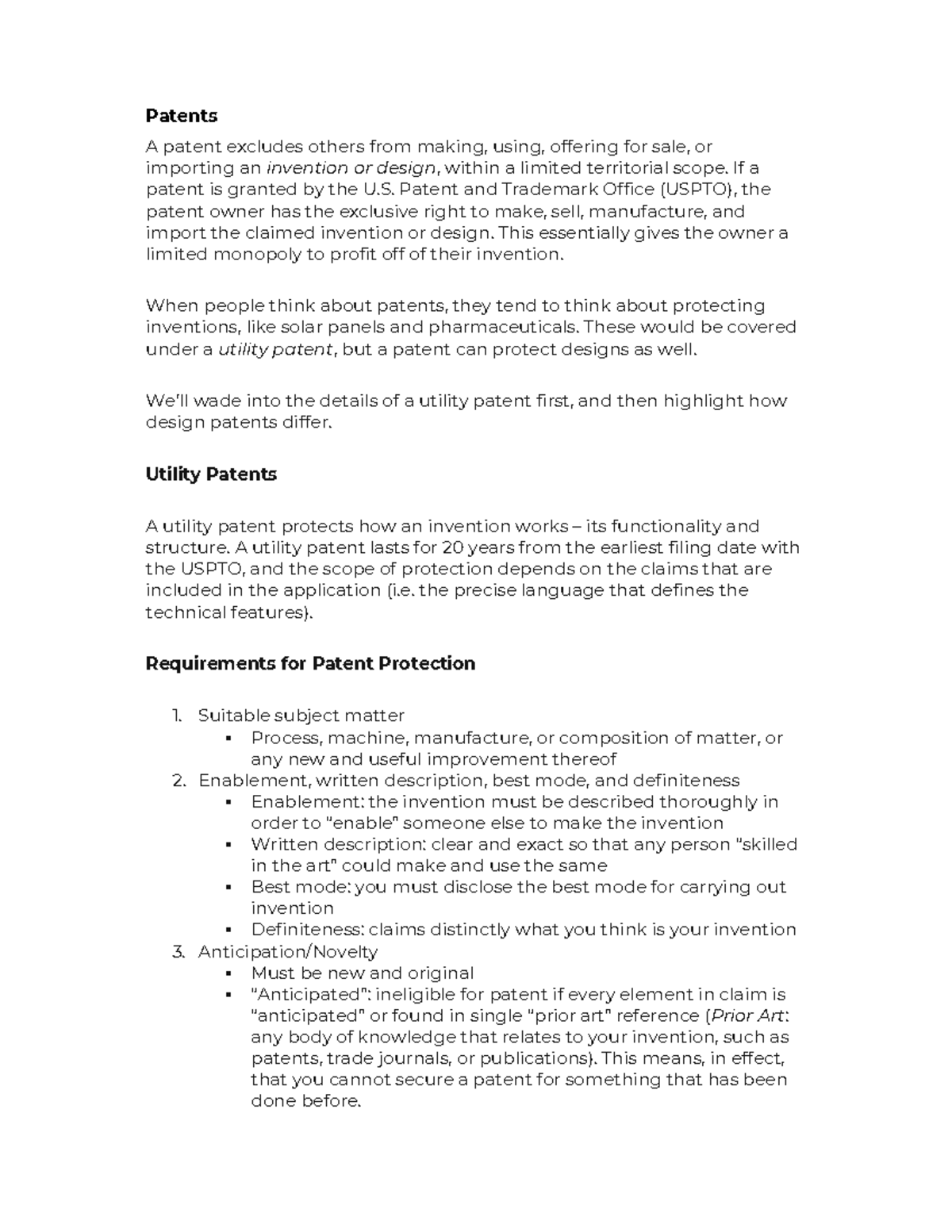 Cooooooooooo - notes - Patents A patent excludes others from making ...