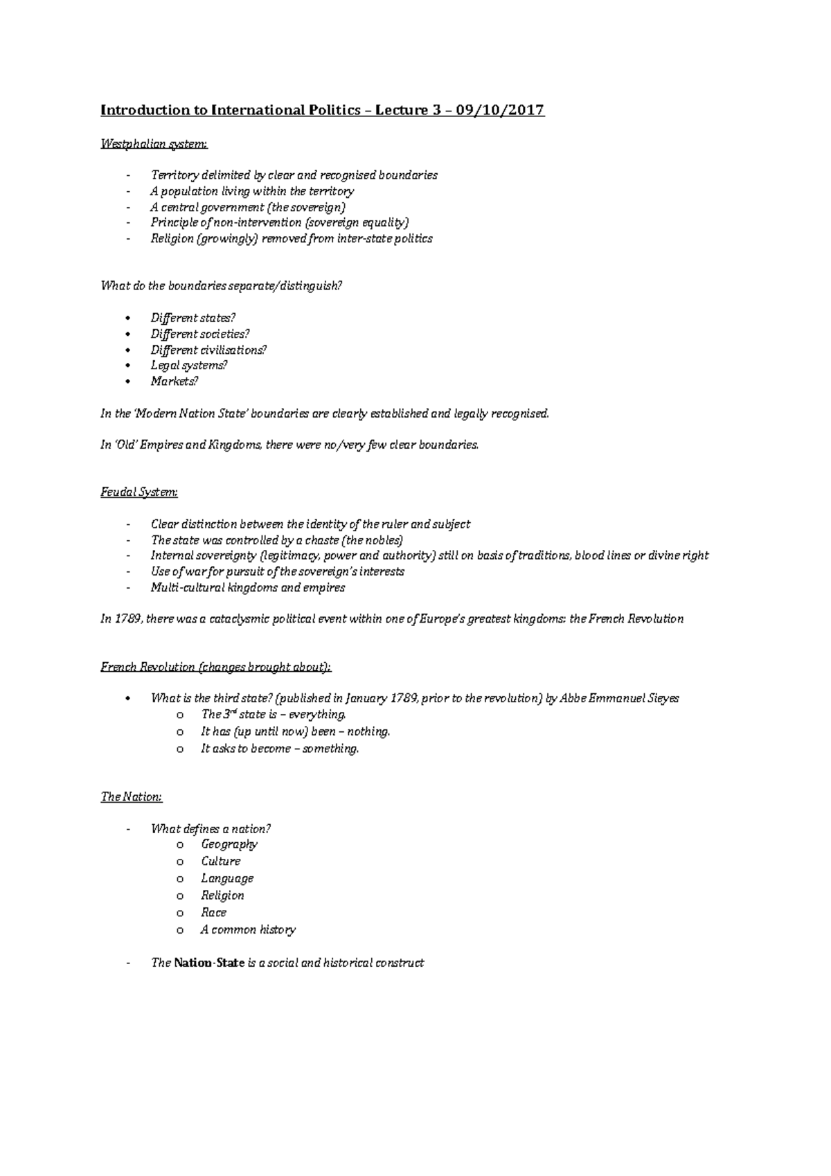 Lecture 3 - Introduction to International Politics – Lecture 3 – 09/10 ...