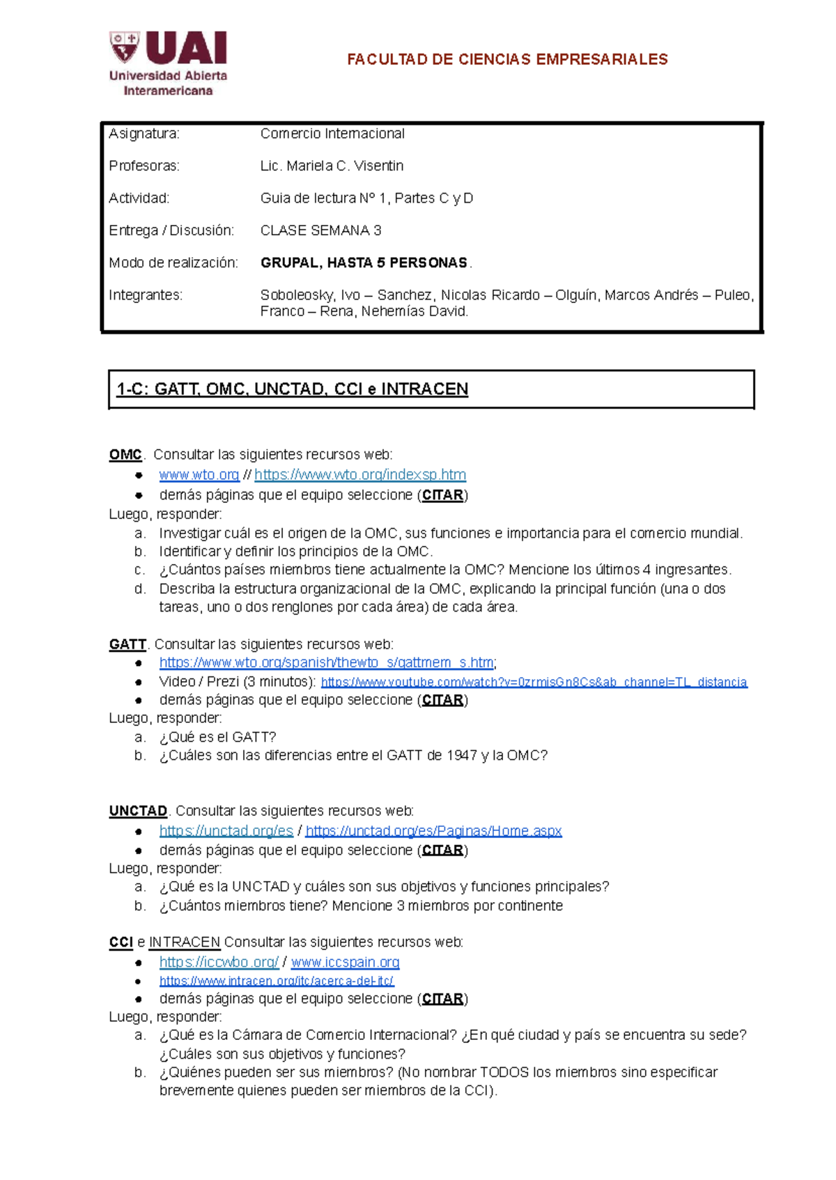 UAI - CI 2024 - U1 - GUIA 1 C Y D - Asignatura: Comercio Internacional ...