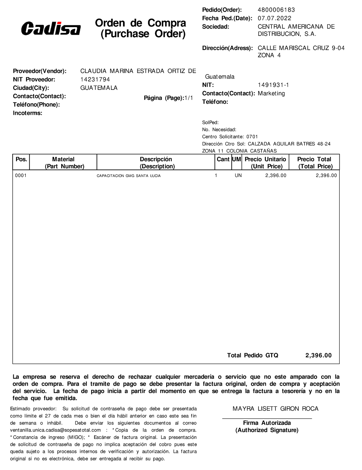 Ocgmgsantalucia Ejemplo Orden De Compra Purchase Order Página Page 1 Proveedorvendor 1078