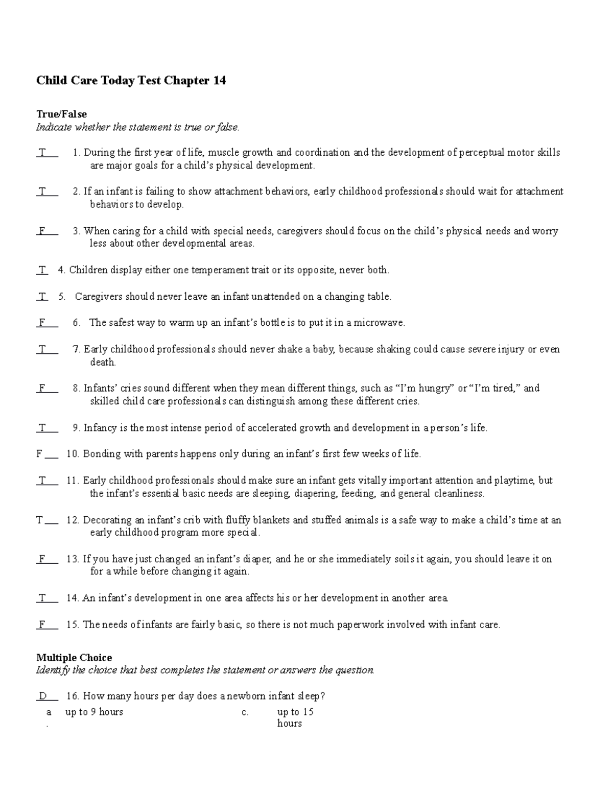 Child Care Chap 14 Answers Child Care Today Test Chapter 14 True 