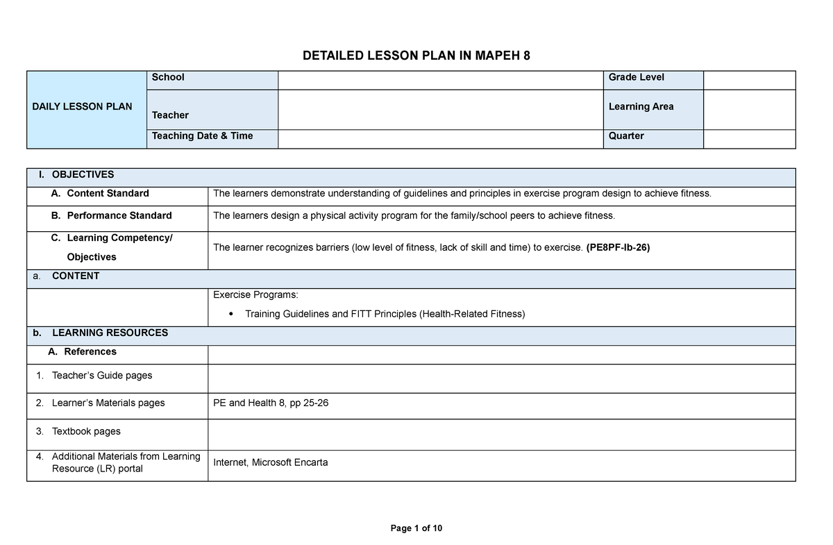 Dlp Mapeh 8 Baba Detailed Lesson Plan In Mapeh 8 Daily Lesson Plan School Grade Level 4653