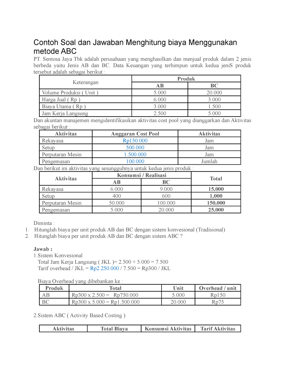 Contoh Soal Dan Jawaban Menghitung Biaya Menggunakan Metode ABC ...