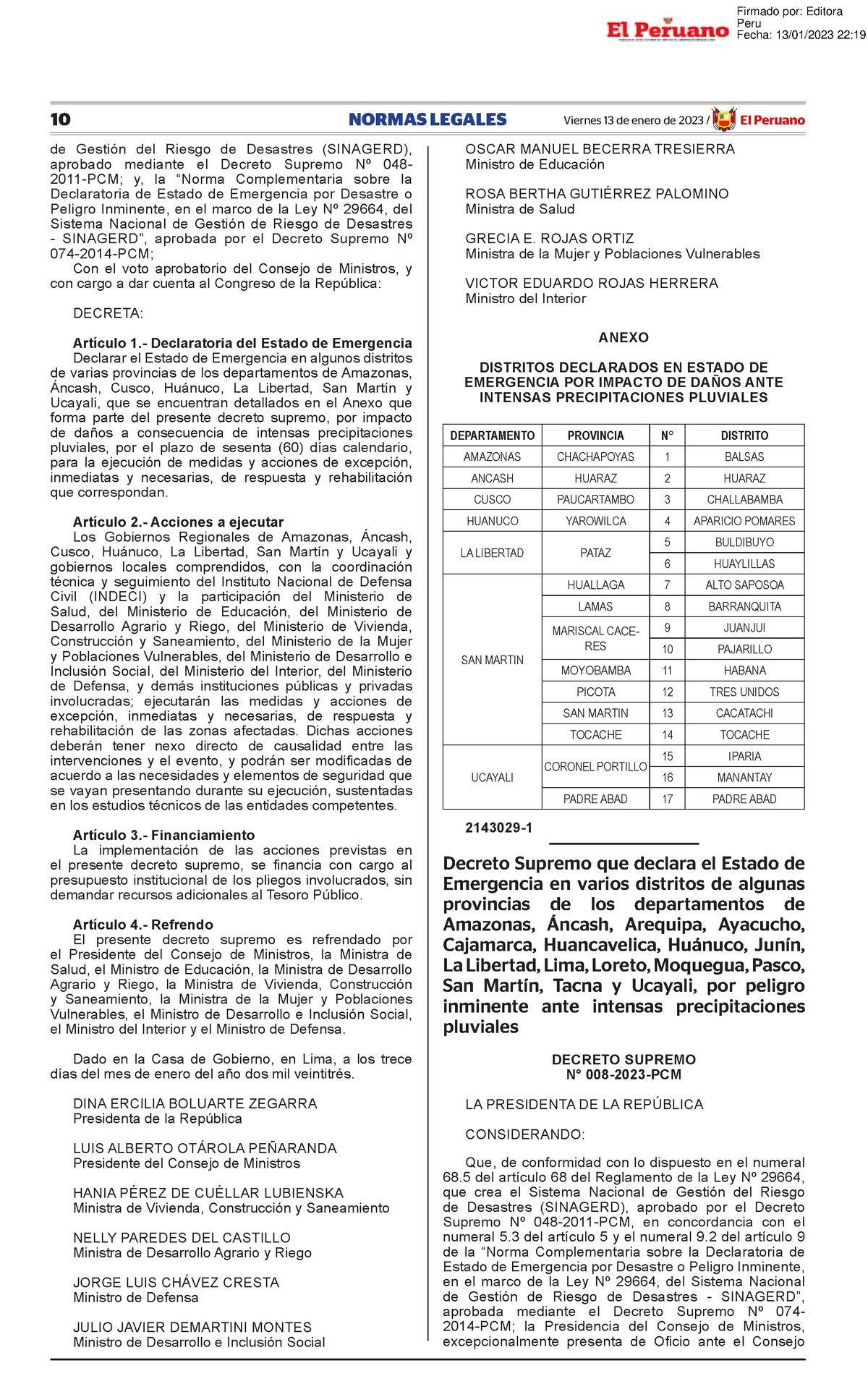 Decreto Supremo Que Declara El Estado De Emergencia En Vario Decreto Supremo N 008 2023 Pcm 