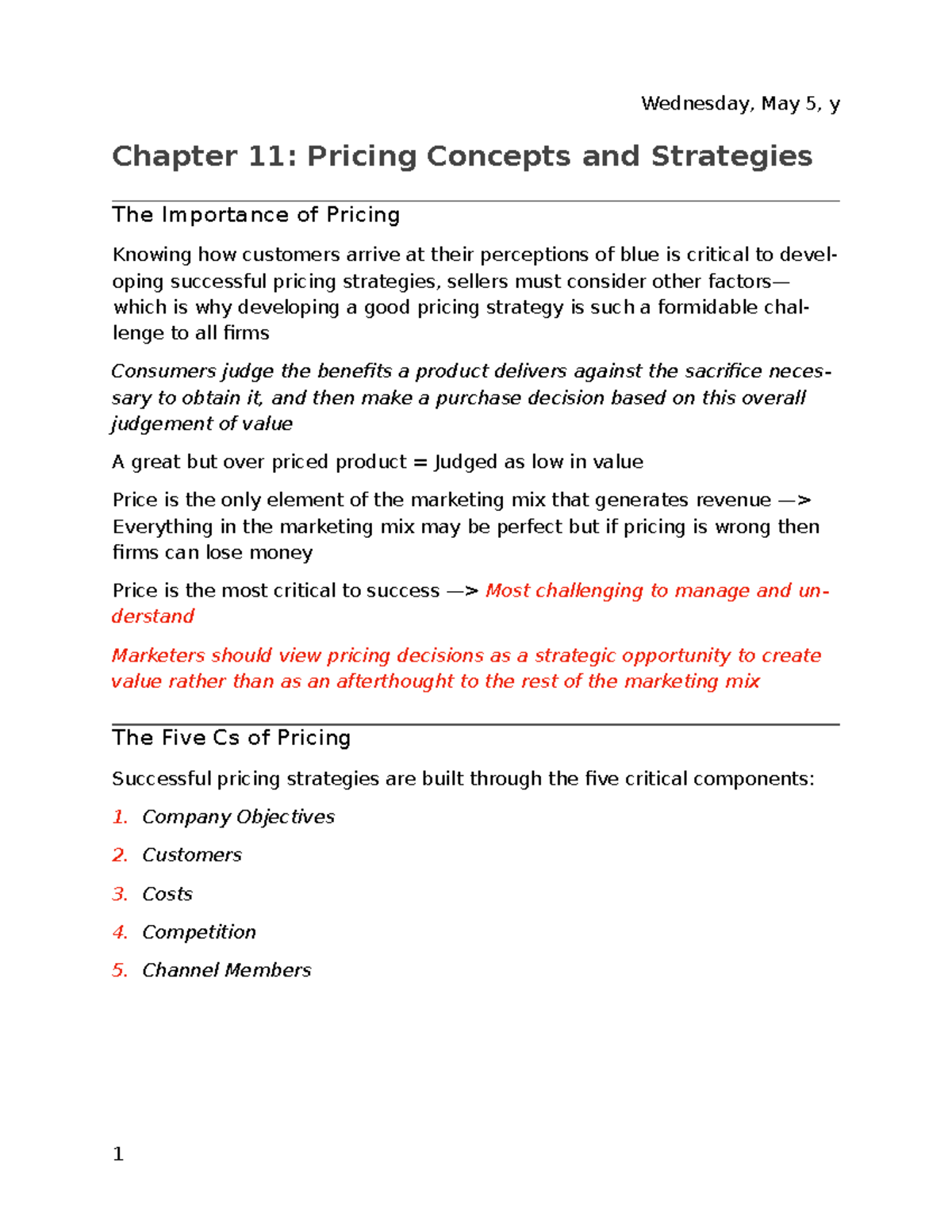 Chapter 11: Pricing Concepts and Strategies - Tuesday, December 15, y ...