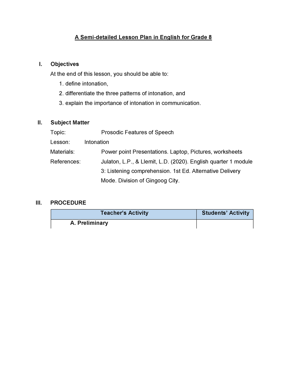 Grade 8 Semi Detailed Lesson Plan In English A Semi detailed Lesson Plan In English For Grade 