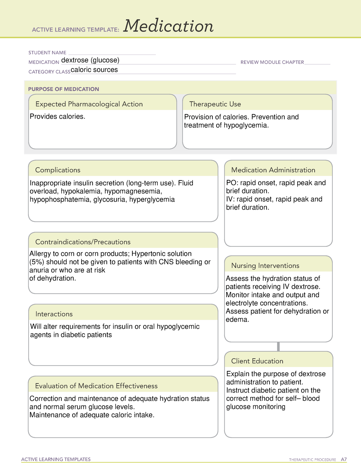 Dextrose Med card ACTIVE LEARNING TEMPLATES THERAPEUTIC PROCEDURE A