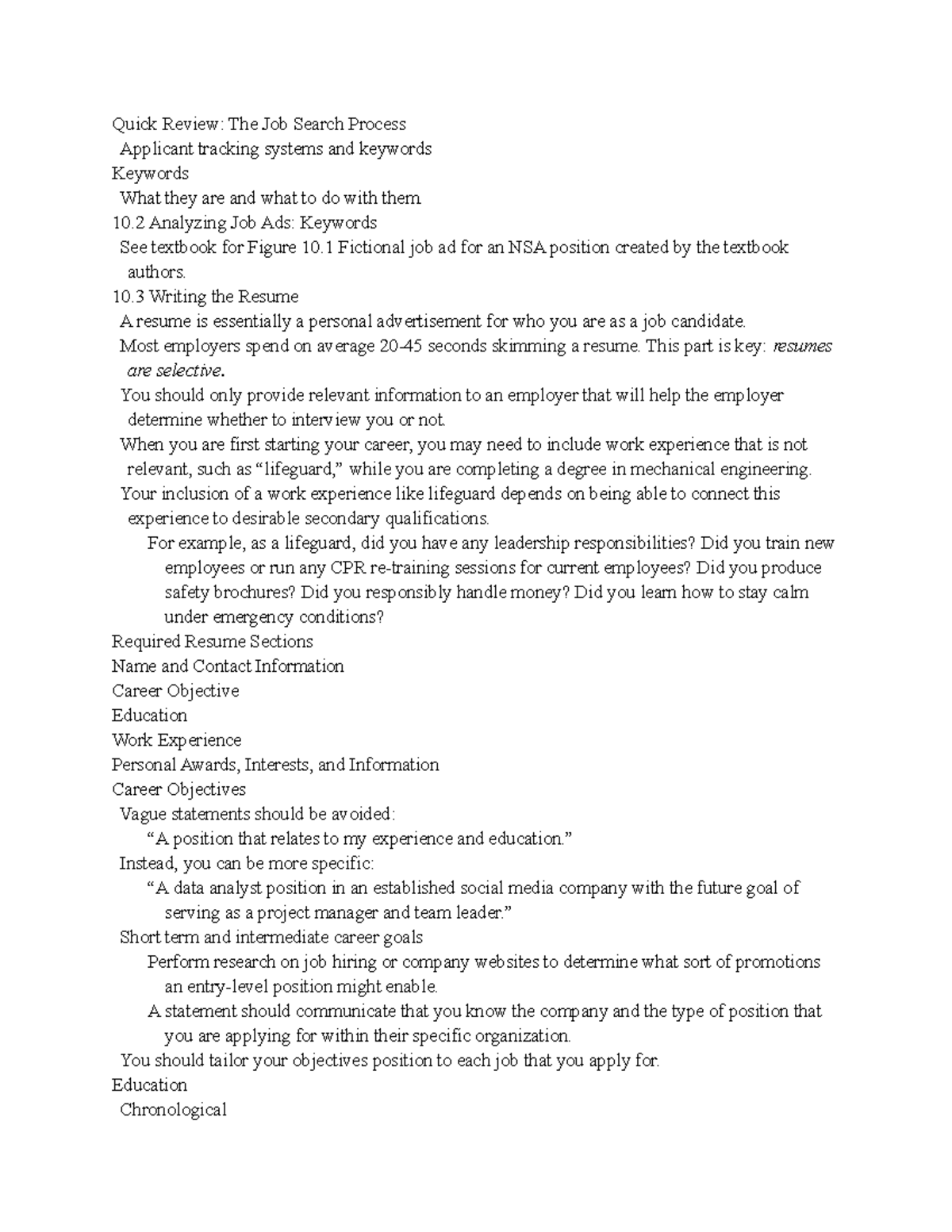Technical Writing Unit 2 Quick Review The Job Search Process