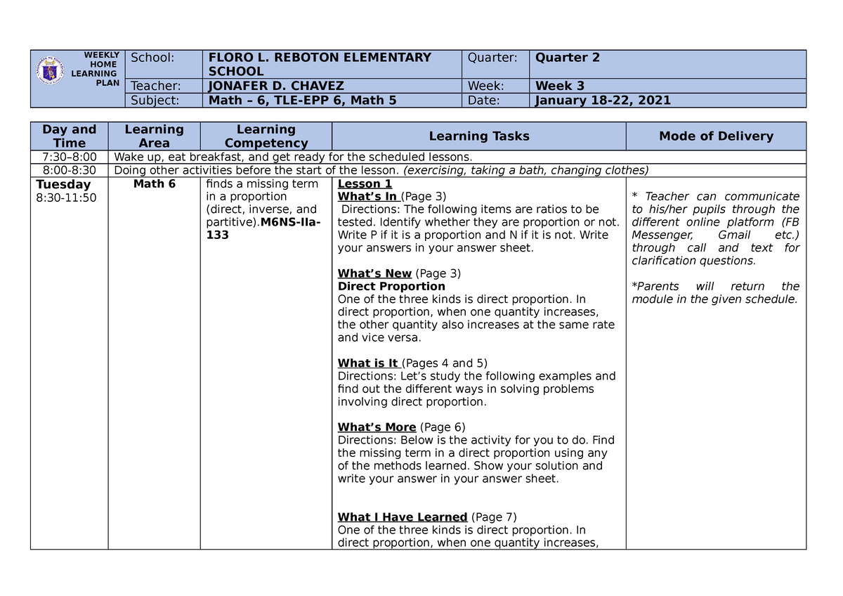 WHLP Quarter 2 WEEK 3 - EDUCATION - WEEKLY HOME LEARNING PLAN School ...