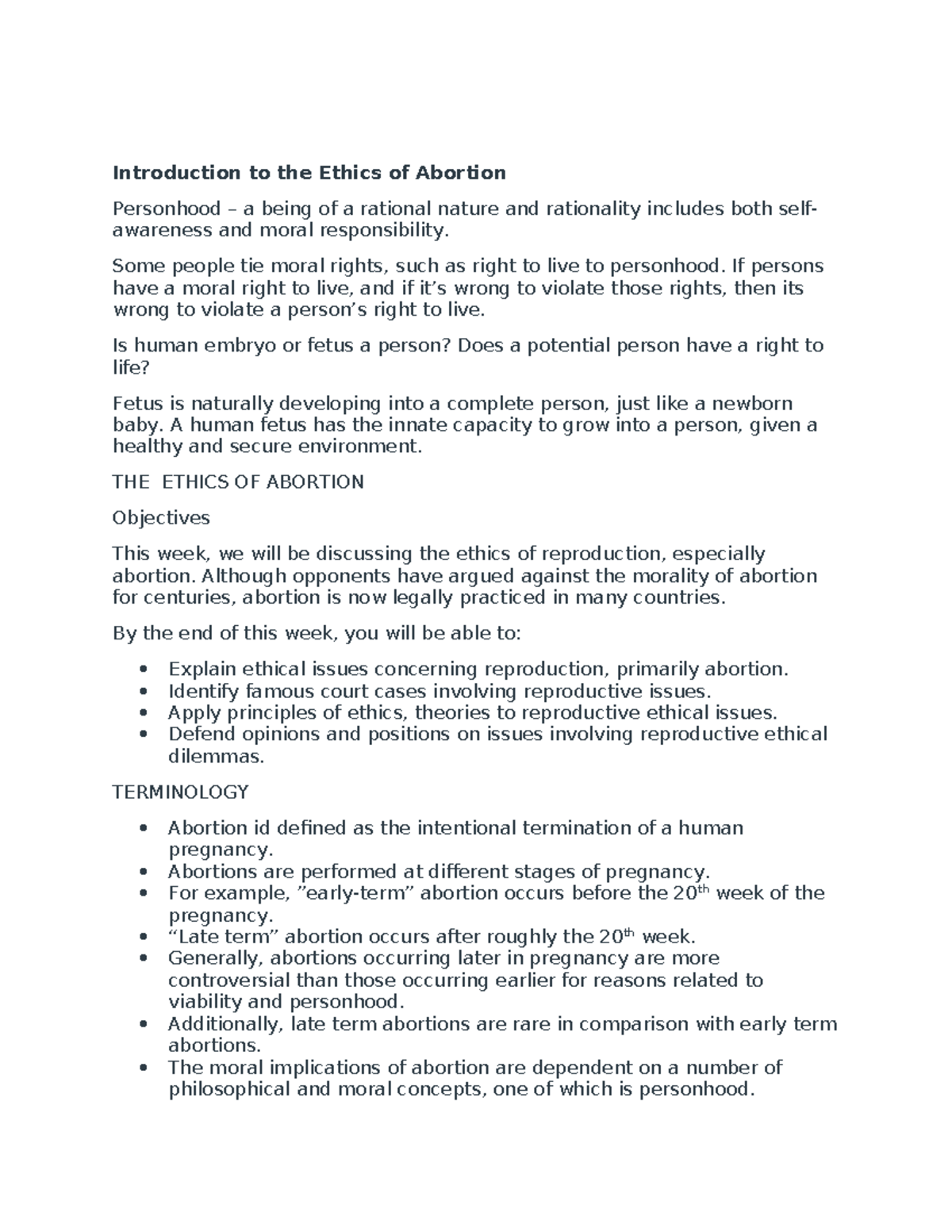 Abortion WEEK 5 - Introduction to the Ethics of Abortion Personhood – a ...