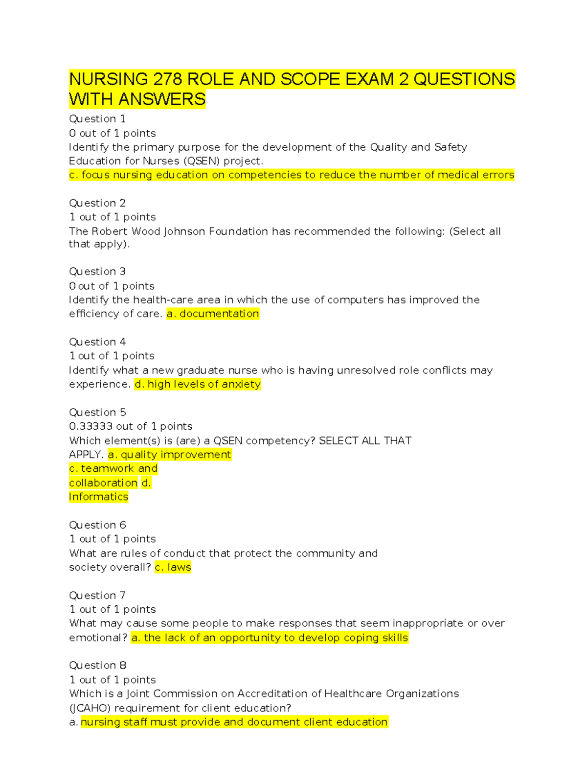 ROLE AND Scope EXAM 2 - NURSING 278 ROLE AND SCOPE EXAM 2 QUESTIONS ...