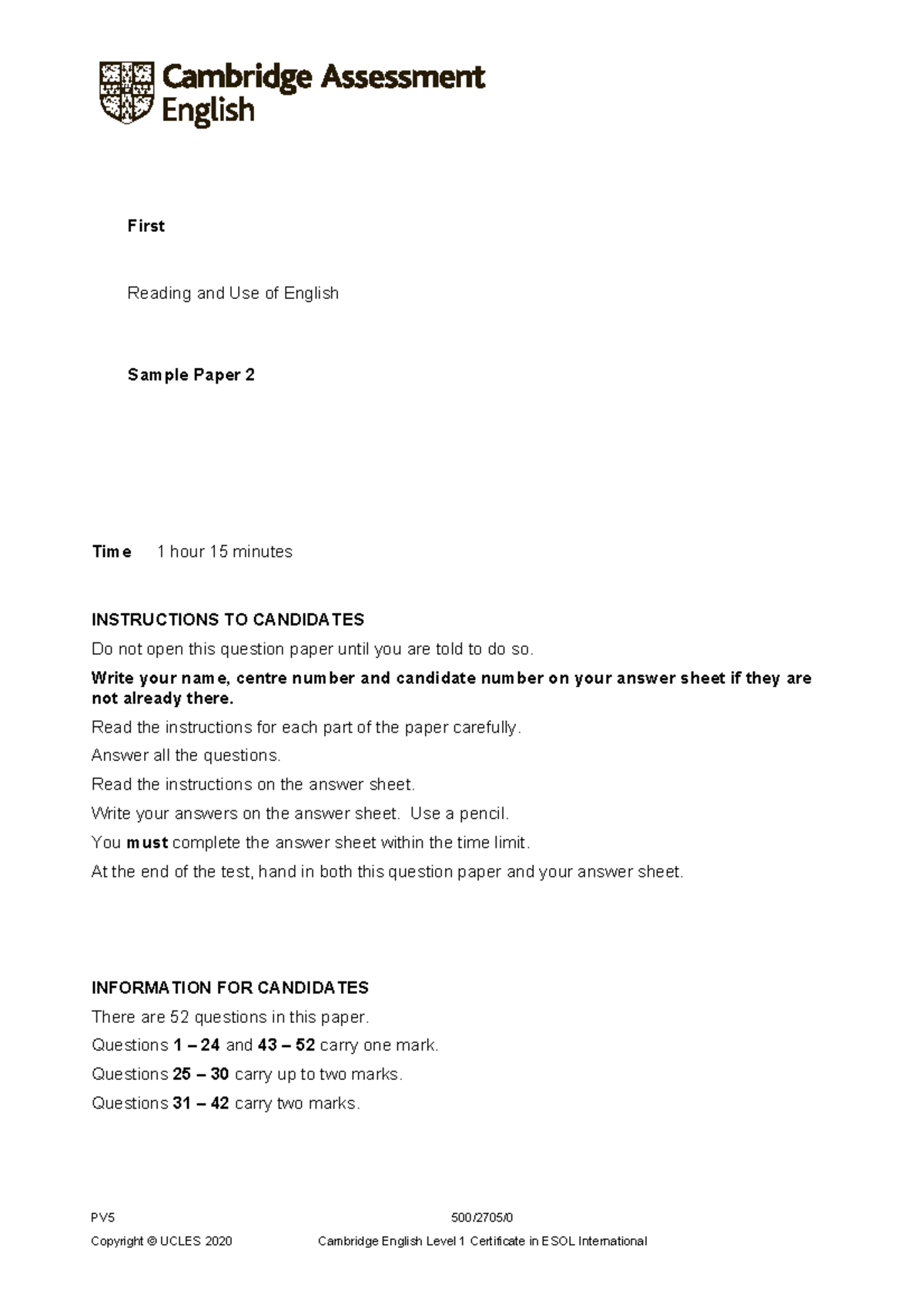 B2 First Reading And Use Of English Sample Paper 2 First Reading And 