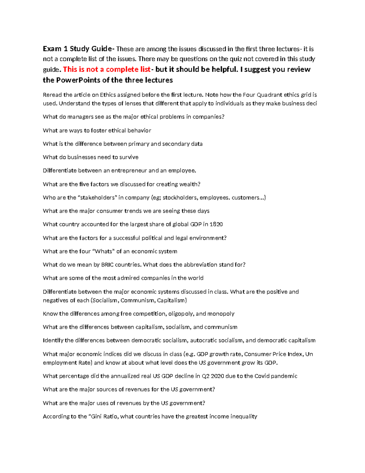 Intro to Business Quiz 1 Study Guide - Exam 1 Study Guide- These are ...