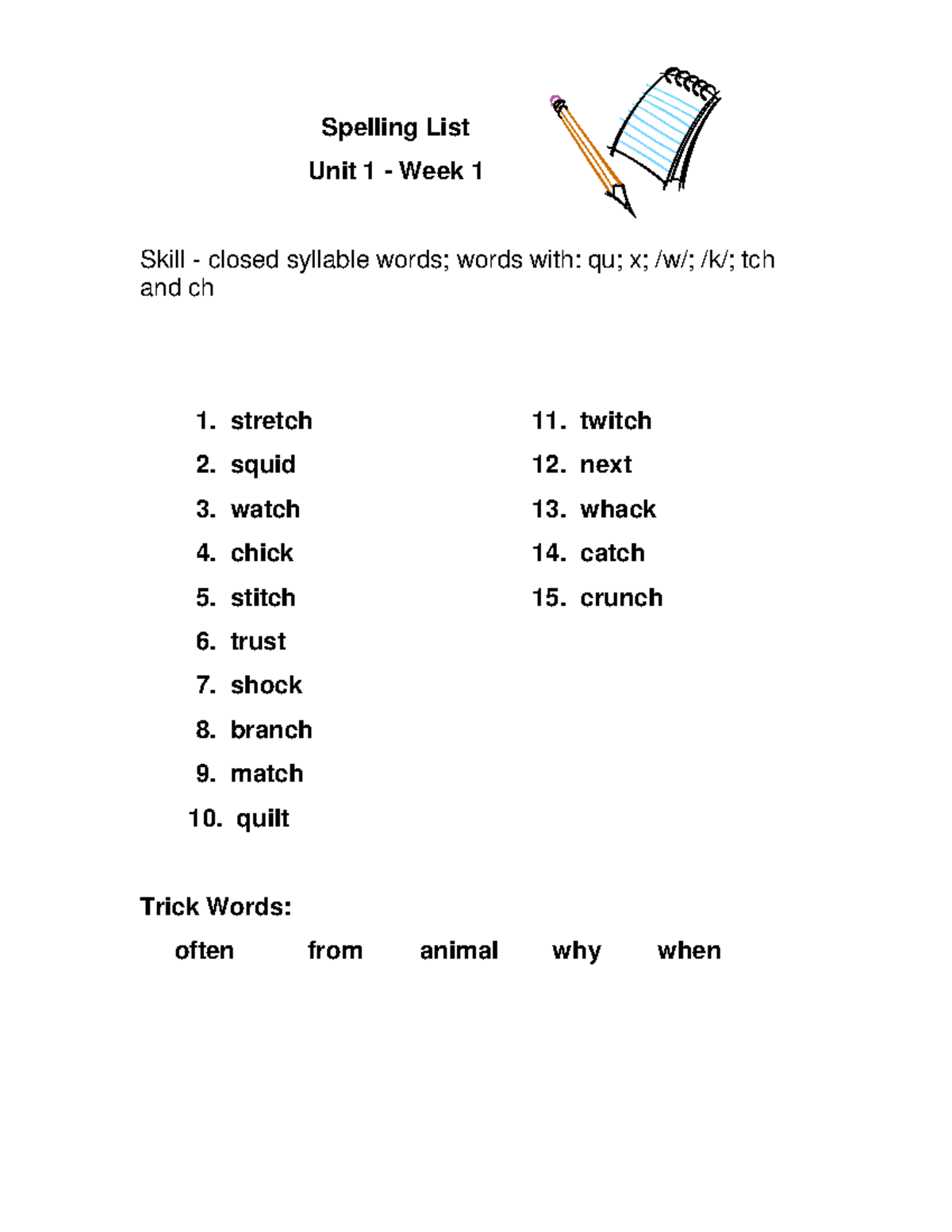 Fundations Spelling Word Lists - Unit 1 - Week 1 Skill - closed ...