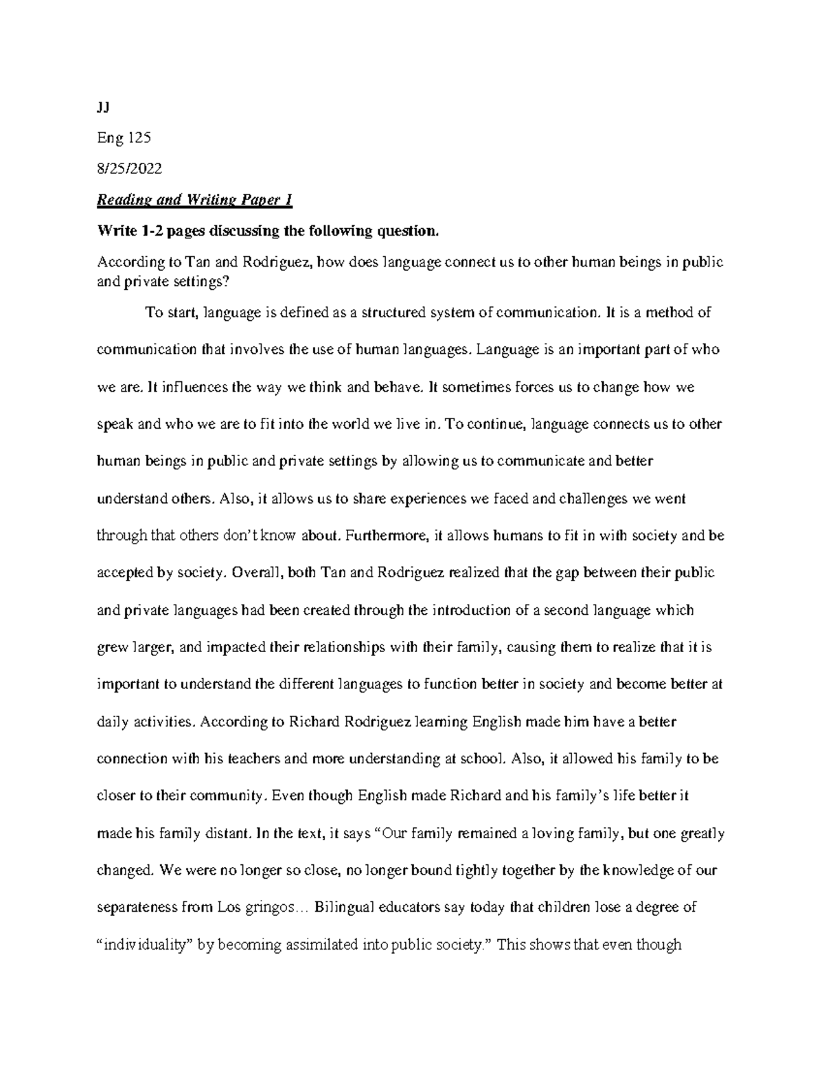 Collections of Paper Assignments - JJ Eng 125 8/25/ Reading and Writing ...