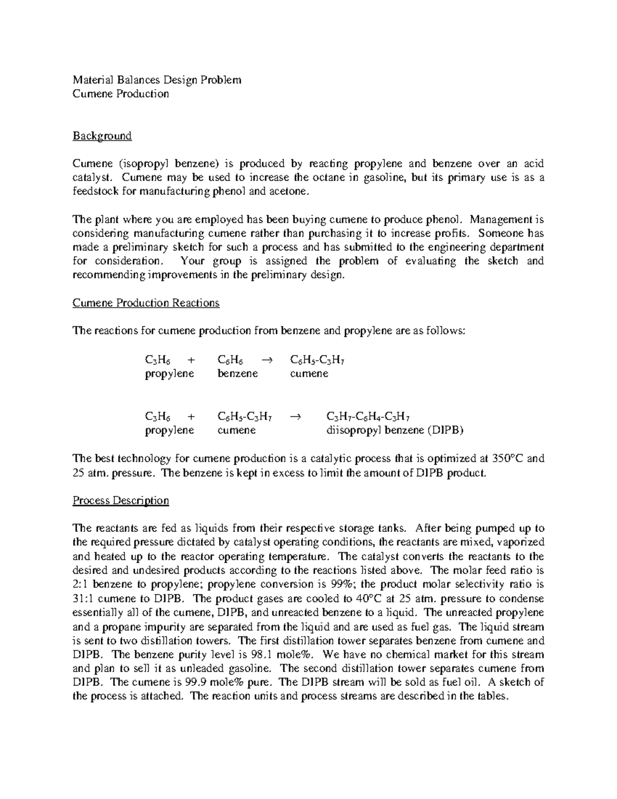 Cumene-a - Material Balances Design Problem Cumene Production ...