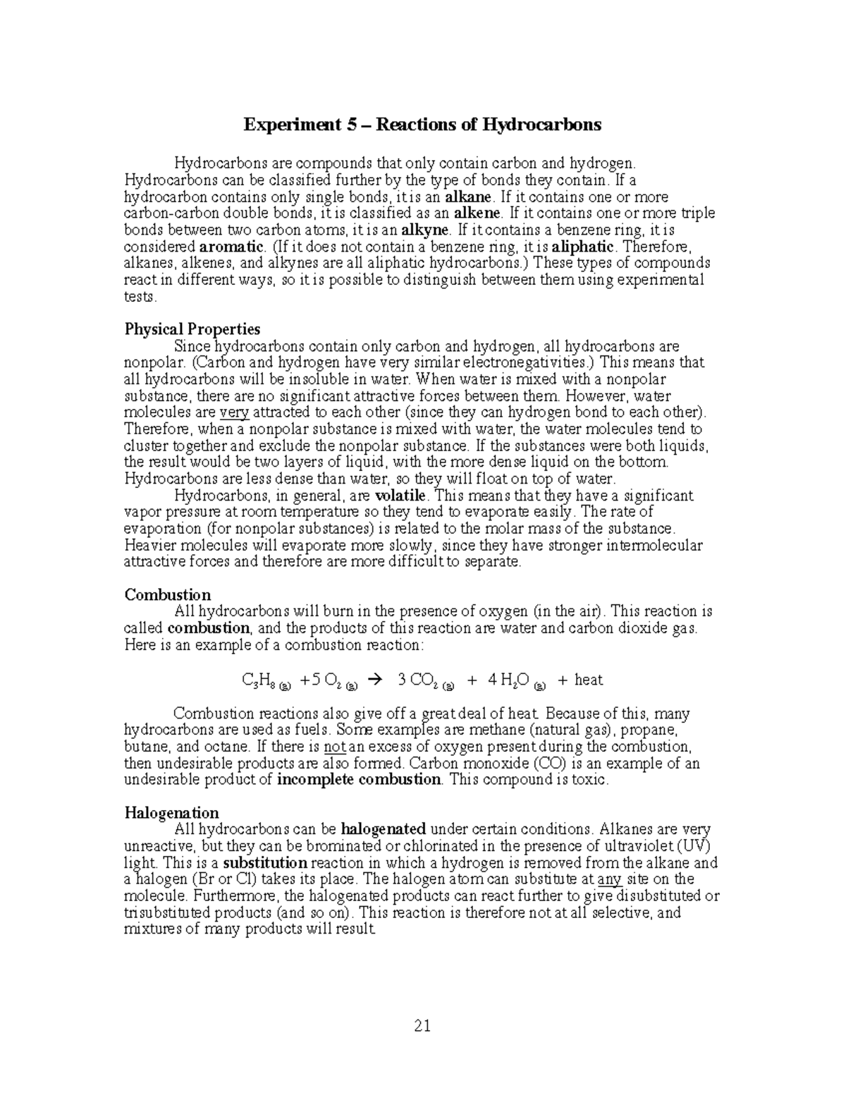 reaction of hydrocarbons experiment