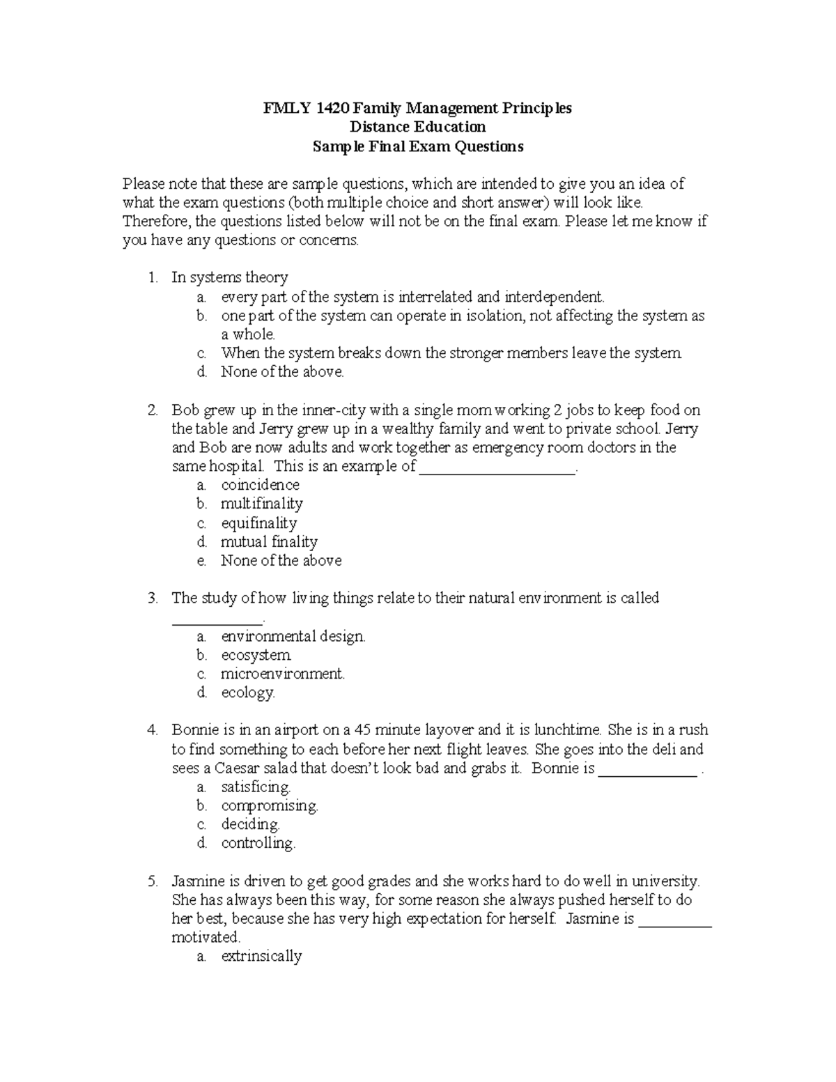 Final Exam, questions and answers FMLY 1420 Family Management