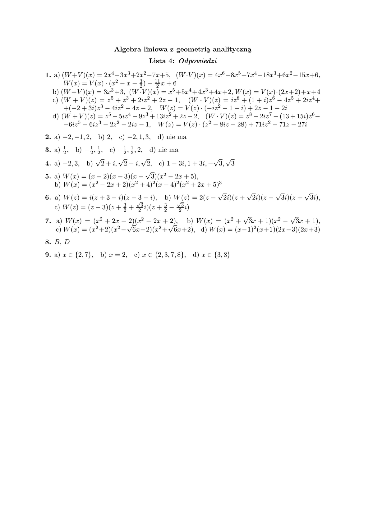 27 Lista 4 Odpowiedzi Algebra Liniowa Z A A Lista 4 Odpowiedzi 1 A W X 2x4 W X 4x6 9363