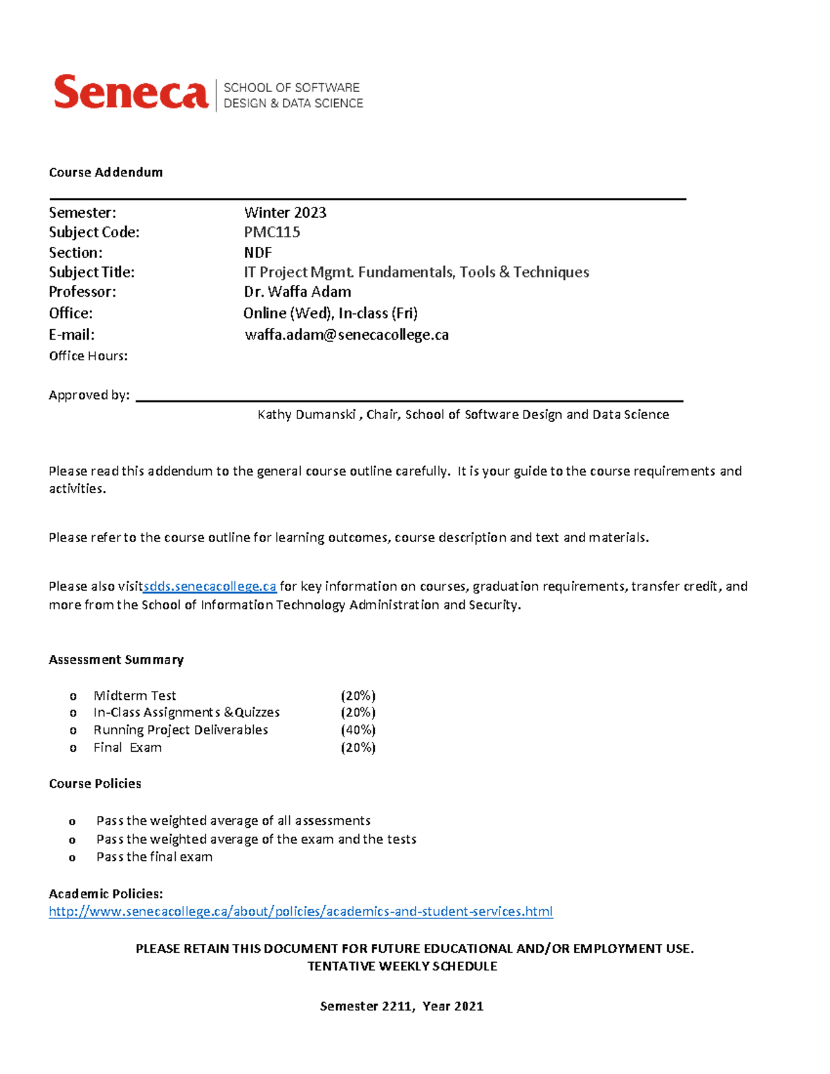 PMC115 NDF-Addendum-Winter 2023 - Course Addendum Semester: Winter 2023 ...