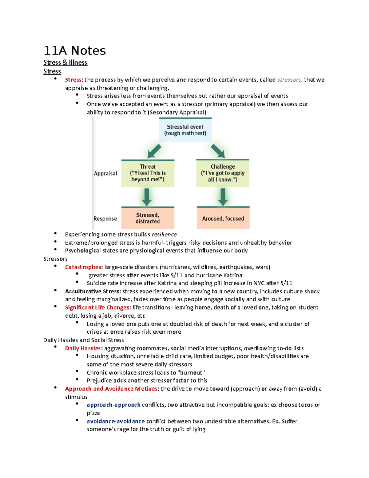 Psych reading notes chapter 11 11a notes stress illness stress
