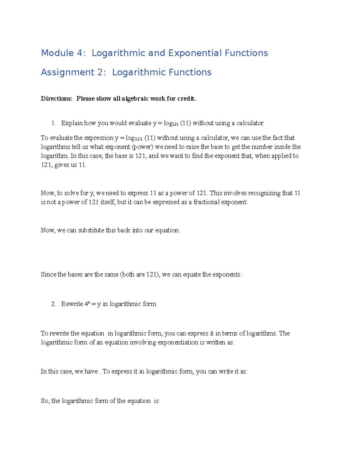 Assignment 4.2 Logarithmic Functions Answers - Module 4: Logarithmic ...