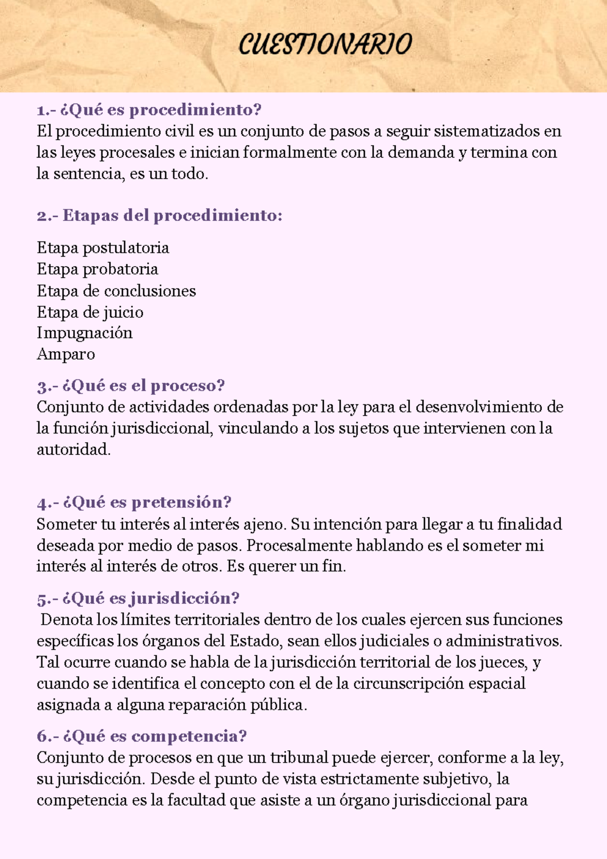 Cuestionario 1 De Derecho Procesal Civil - 1.- ¿Qué Es Procedimiento ...