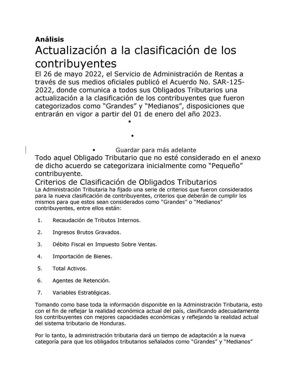 Análisis Clasificacion De Los Contribuyentes Análisis Actualización A La Clasificación De Los 9876