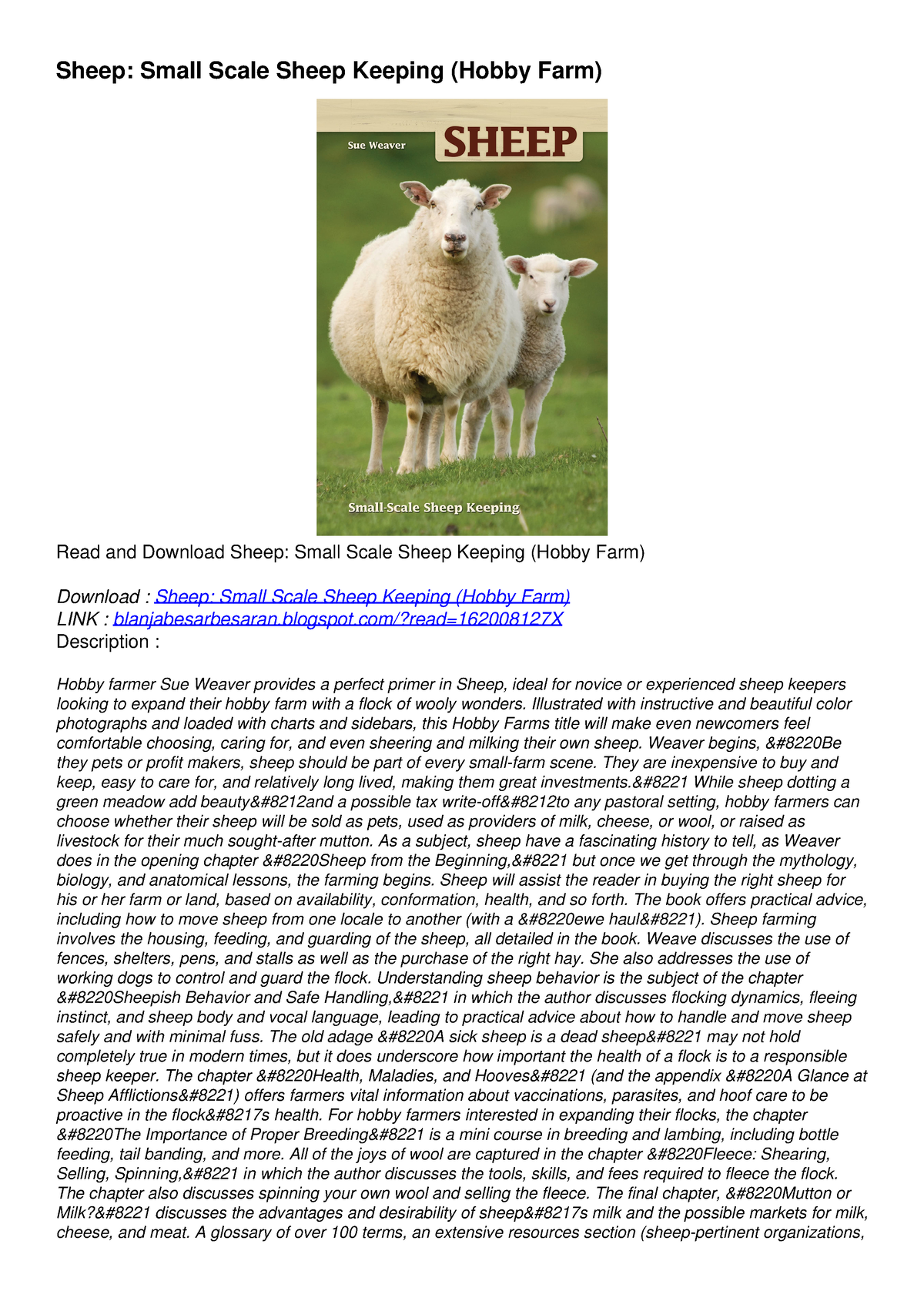 [PDF] DOWNLOAD FREE Sheep: Small Scale Sheep Keeping (Hobby Farm ...