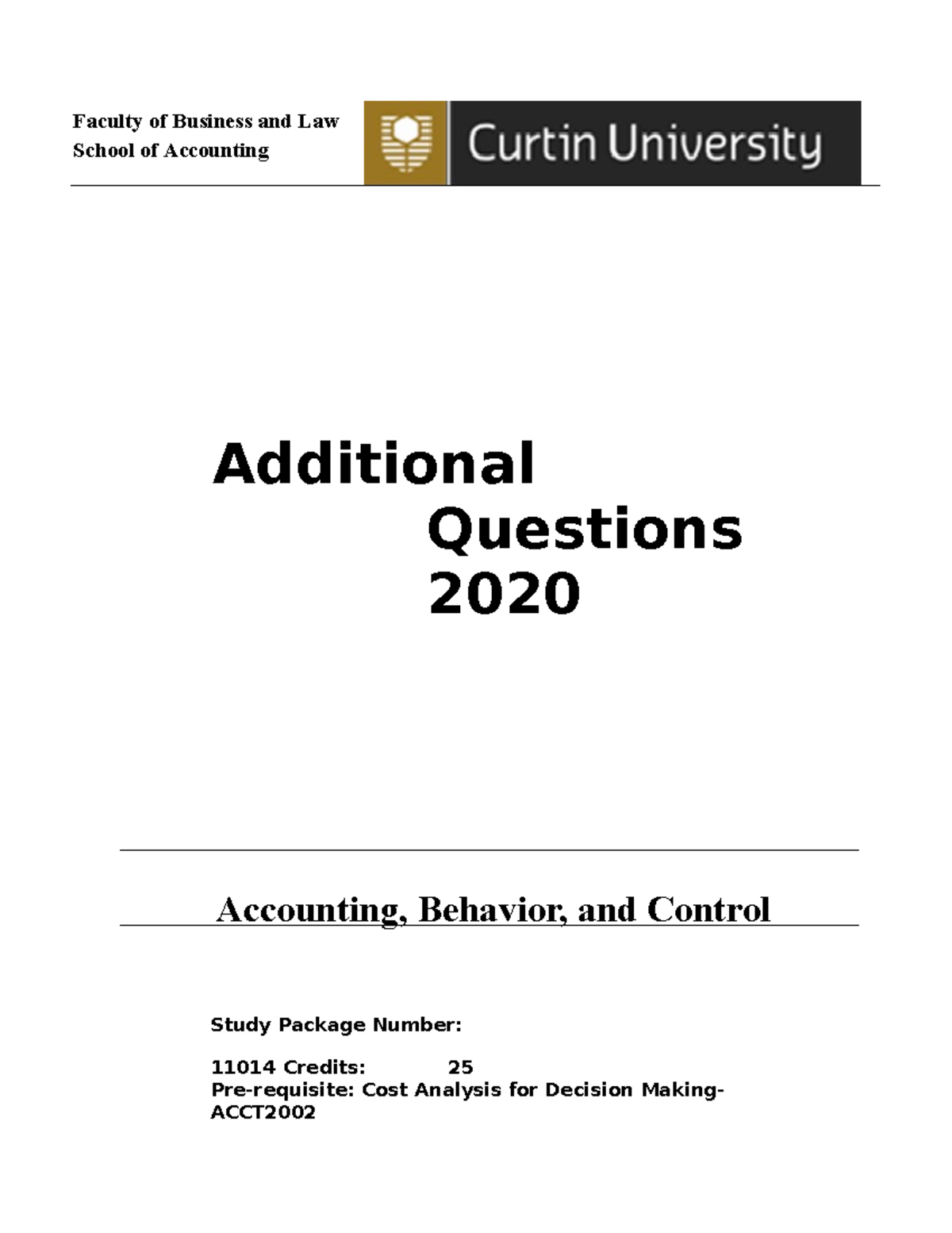 Additional Questions 2020 - Faculty of Business and Law School of ...