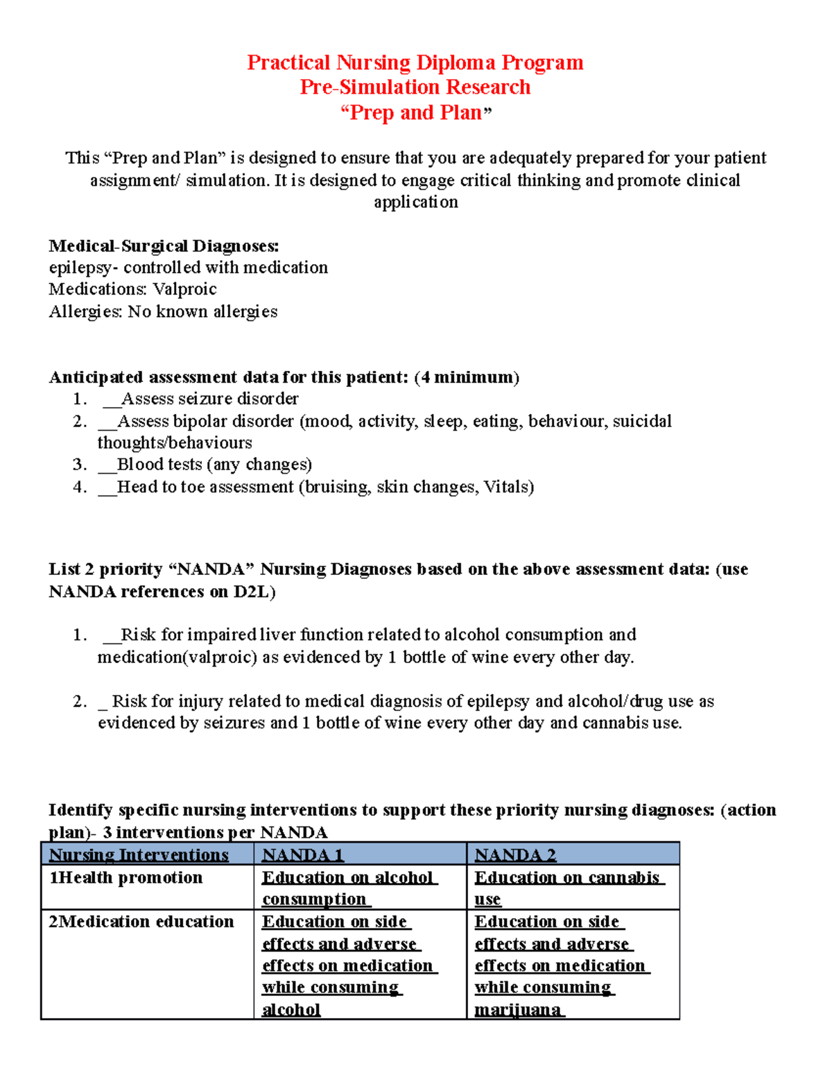 Prep and Plan Template- Simulation (B) - Practical Nursing Diploma ...